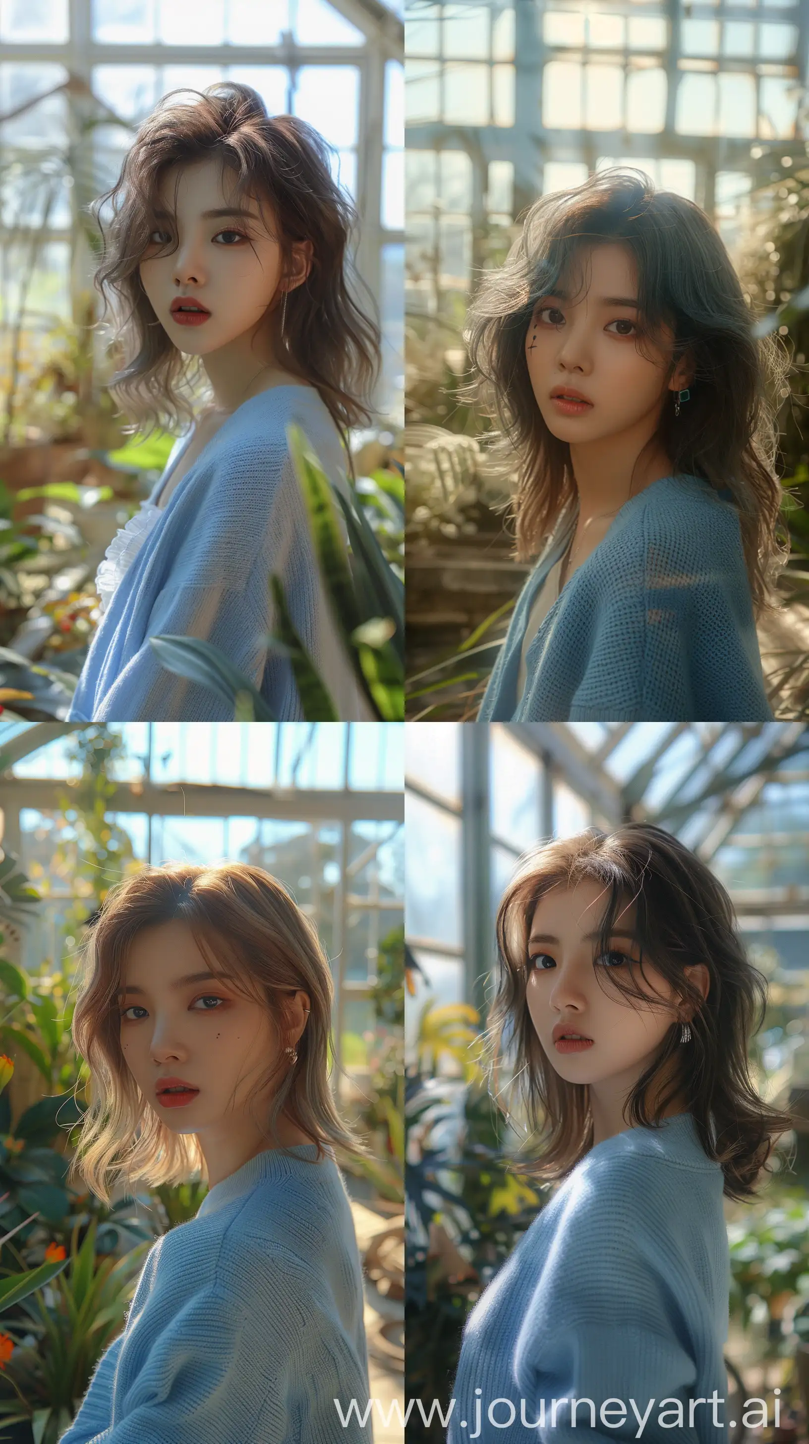 a blackpink's jennie, medium wolfcut hair, wide set eyes, grunge aestethic make up, wearing soft blue cardigan, inside aestethic indoor garden, sunlit --ar 9:16 --stylize 250