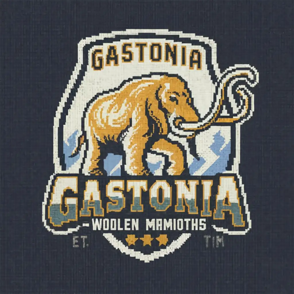 logo, Baseball team logo of a majestic woolly mammoth, with the text "Gastonia, "woolen mammoths"" in needlepoint style, typography, be used in Retail industry