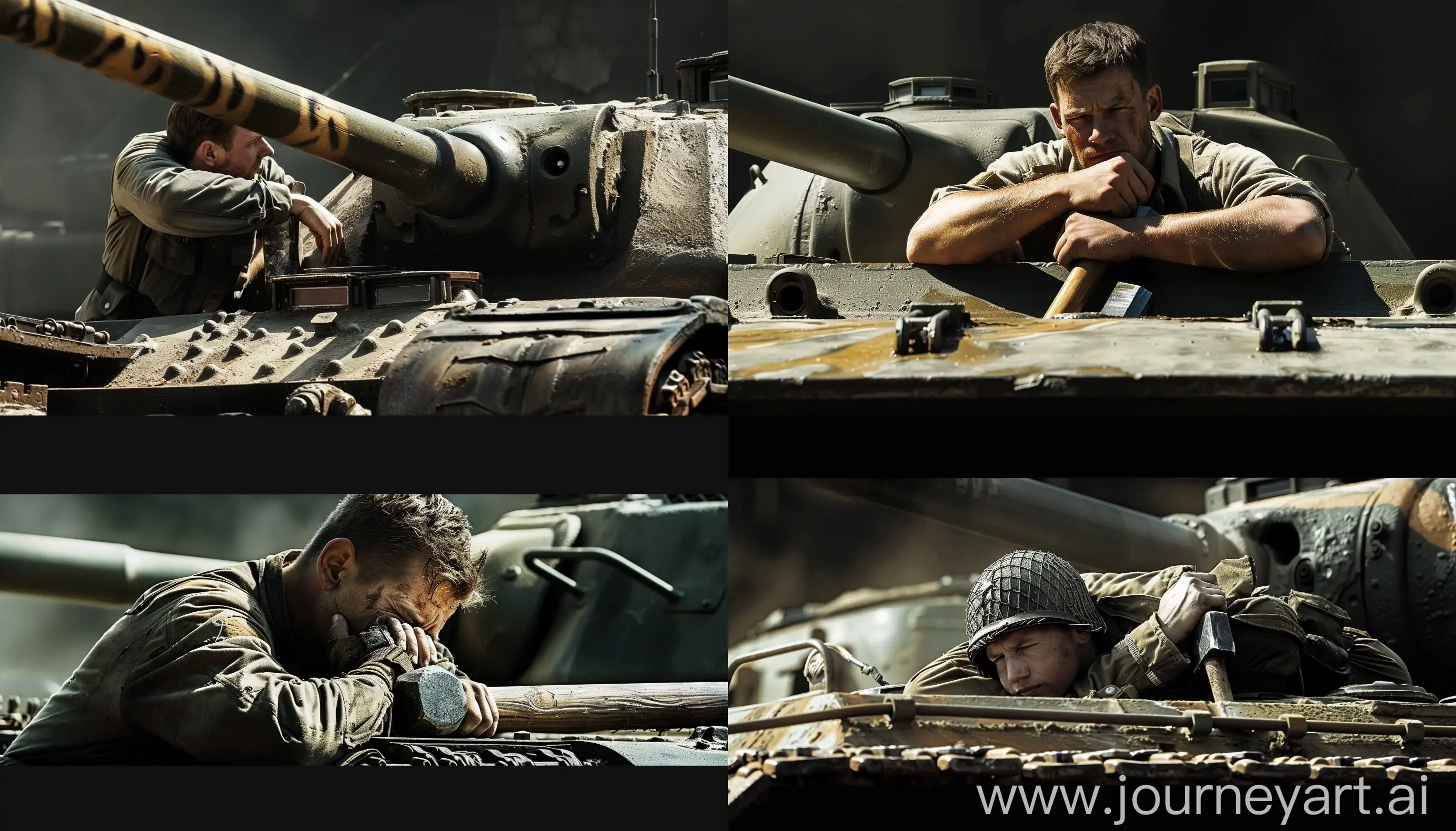 A cinematic photo of a soldier leaning on the sledgehammer of a German Tiger tank from World War II, sunlight illumination, honor, inspiration --sref https://cinescopia.com/wp-content/uploads/2015/01/fury__2014__wallpaper_1920x1080_by_sachso74-d7y25dj.jpg --v 6 --style raw --ar 7:4
