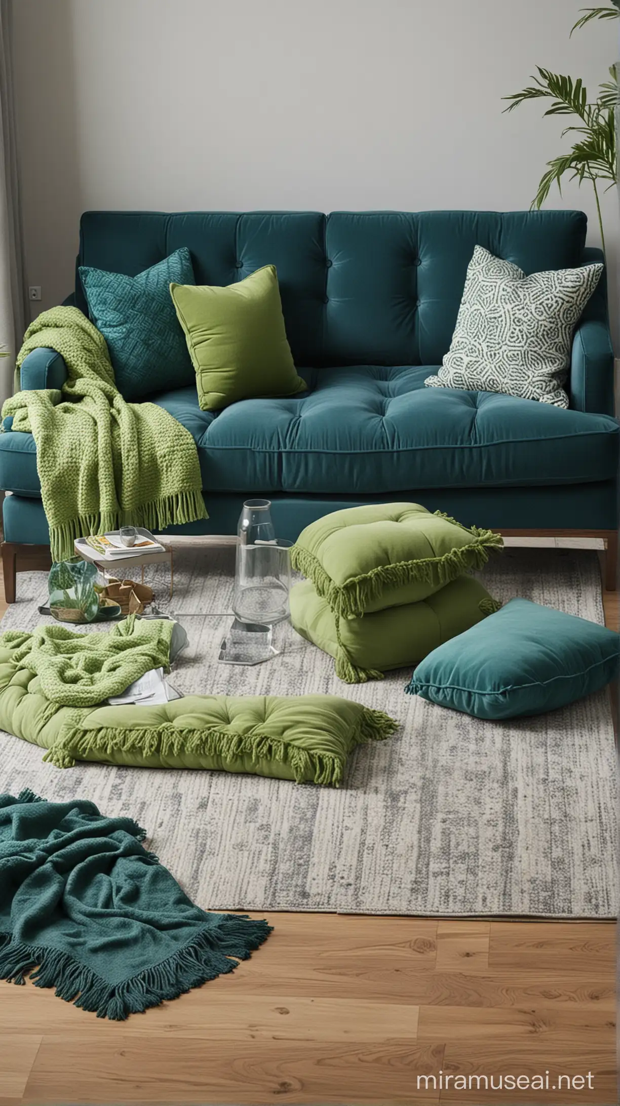 create a blue and green living room idea image [Blue Sofas with Green Throws  If you’re looking to add a dynamic yet harmonious look to your living room, consider placing a navy or sky blue sofa as your centerpiece and accentuating it with emerald green throw pillows or blankets. This contrast not only brings vibrancy to the space but also maintains a soothing ambiance.]