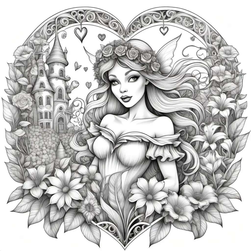 Create a coloring page, color, fairyland, flowers, VALENTINE THEME in the style of John Byrne ultra light pencil hand drawing illustration, with great details, flawless line art, with art fades into white background, white background with 50 percent paper margin