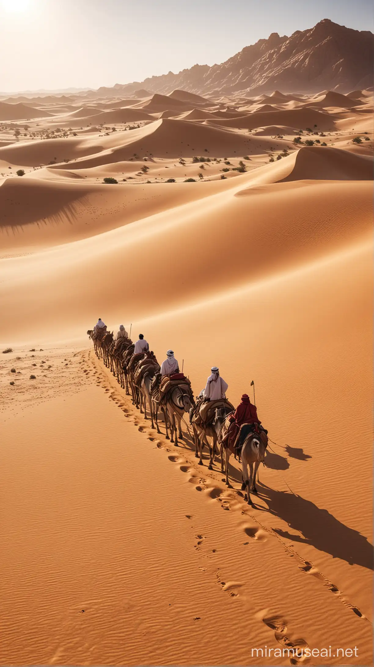  Visualize a caravan journey across the Arabian desert during the Islamic era, highlighting the importance of trade routes in connecting distant lands.