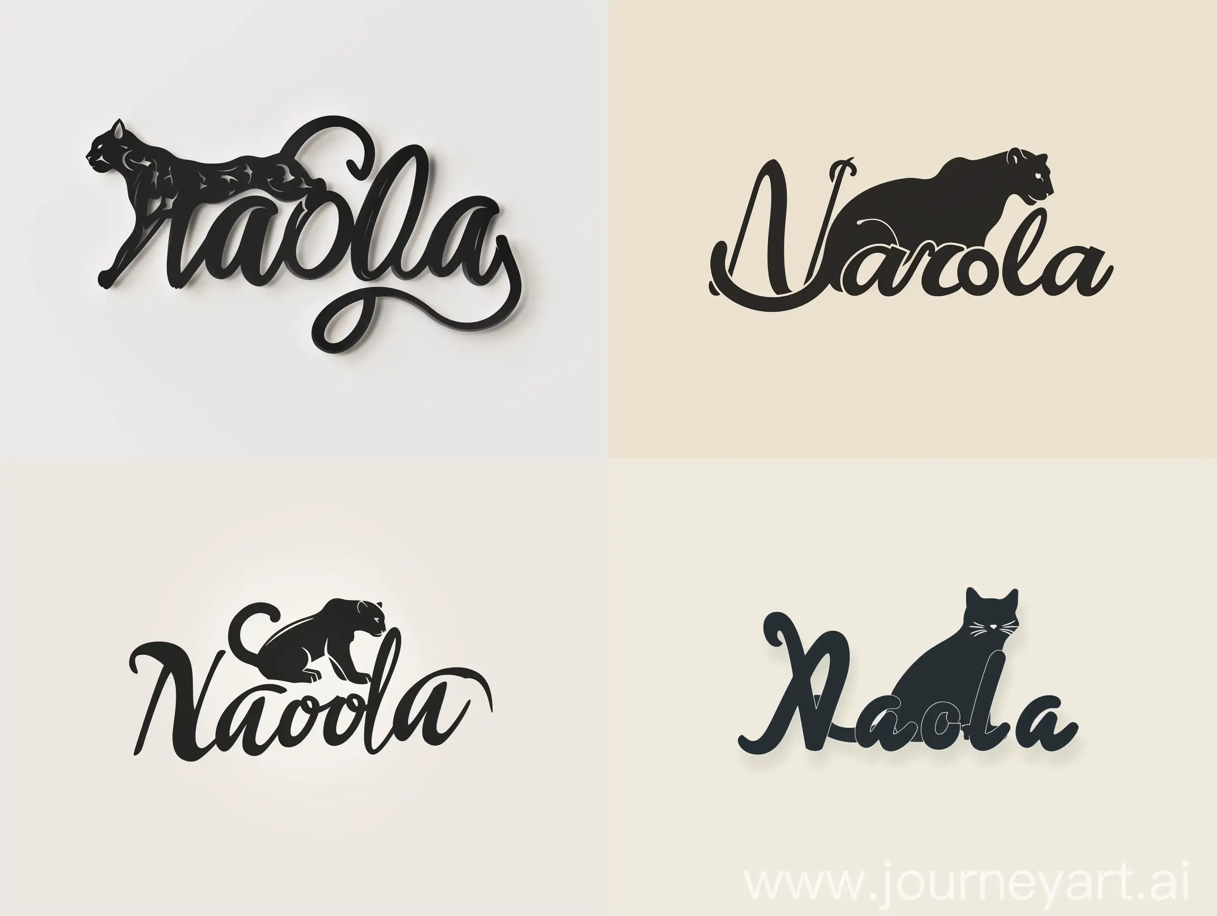 a high-quality logo designed for the women's accessories workshop. The name "Naola" is made in the shape of a black panther, and the letter "L" is in the shape of a panther's tail. minimalism with modern airy fonts. 8k