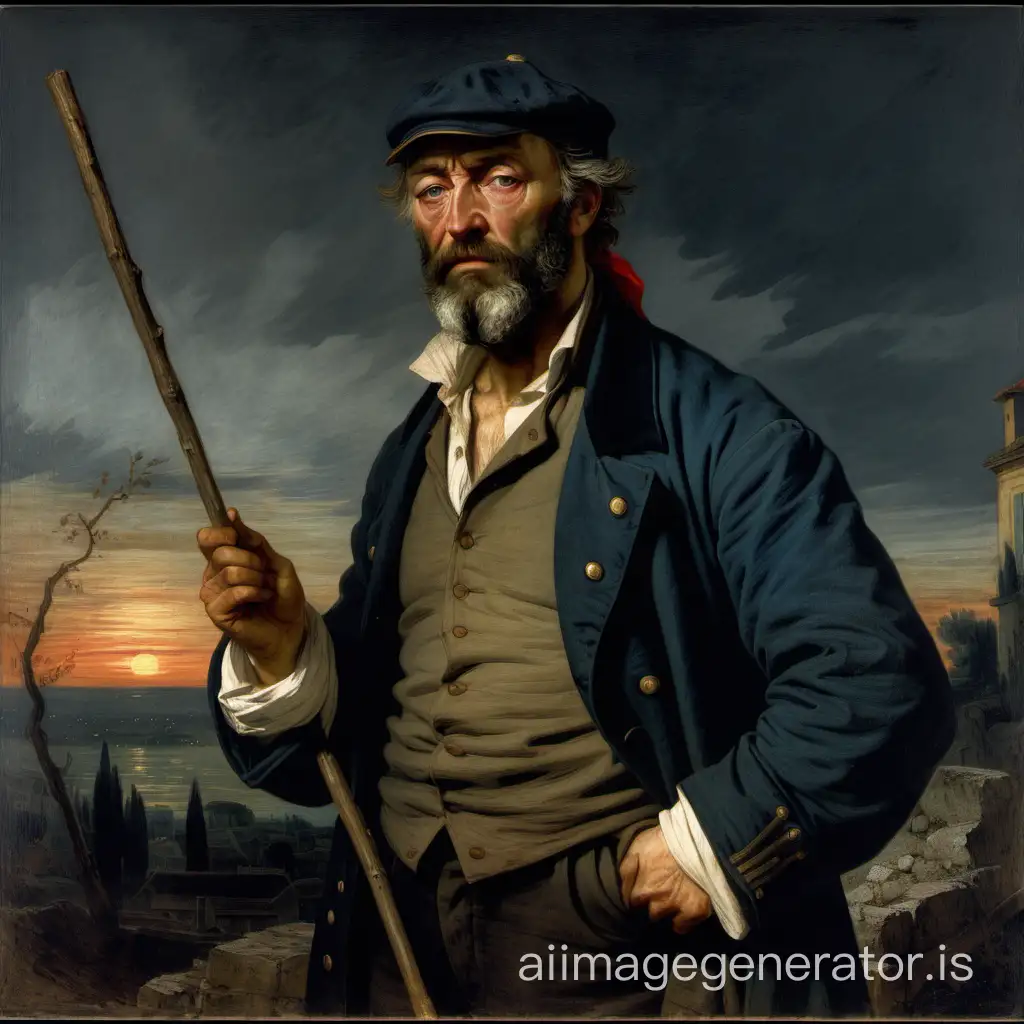Jean Valjean in southern France, evening in a shirt, cap, jacket in tatters, holding a stick, beard, 19th-century painting