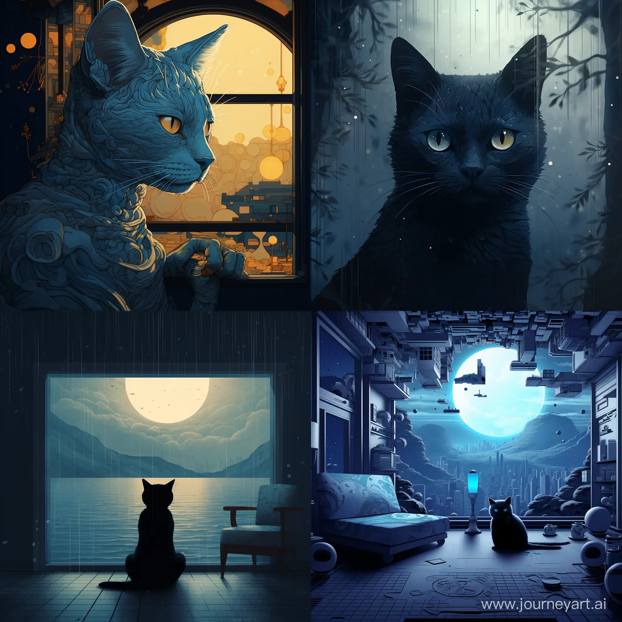 2D::2 минимализм, голубая кошка с черными узорами лениво на фоне окна, мягкий свет проникает через окна отбрасывая блики на кошку, 2D минимализм