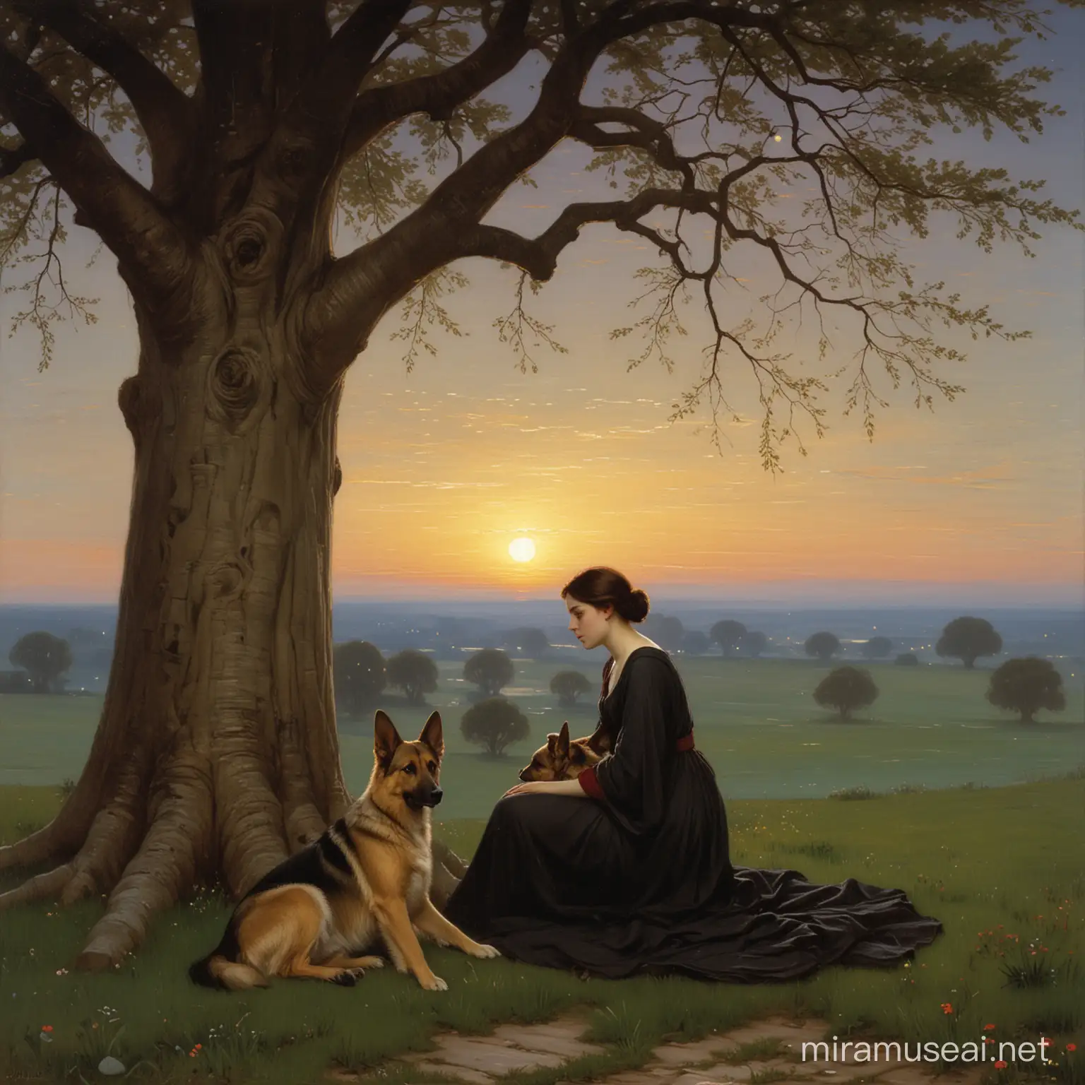 muse sitting under a large tree holding a small german shepherd pup at twilight..[ John William Waterhouse]