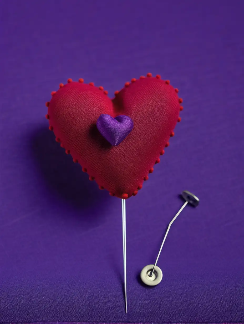 A red pin cushion in the shape of a heart with two pins on a background of purple fabric