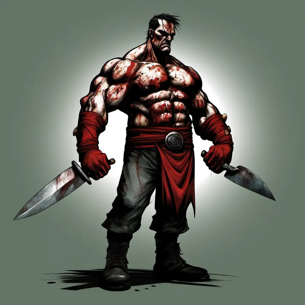 In the 2D Fighter art style, Brutus "The Cleaver" McAllister would be depicted with bold, exaggerated features that emphasize his imposing presence and rugged appearance.

Appearance:
Brutus stands tall and broad-shouldered, with muscles rippling beneath his blood-stained butcher's apron. His face is weathered and scarred, with a prominent brow and a fierce, determined expression. His eyes glint with a fierce intensity, reflecting his unwavering determination to succeed in the tournament.

He wears a sleeveless butcher's attire, consisting of a stained white apron that hangs loosely over his muscular frame. Beneath the apron, he sports a simple black undershirt and rugged trousers, further accentuating his rugged appearance. Various knives, cleavers, and meat hooks are strapped to his belt, ready to be wielded with deadly precision in battle.

Brutus' hands are large and calloused, each finger adorned with thick, metal rings that serve as makeshift knuckledusters. His arms are thickly muscled, with veins bulging beneath the skin as he flexes his immense strength in preparation for combat.

Overall, Brutus "The Cleaver" McAllister cuts an imposing figure on the battlefield, his appearance a testament to his brutal fighting style and relentless pursuit of victory in the tournament.