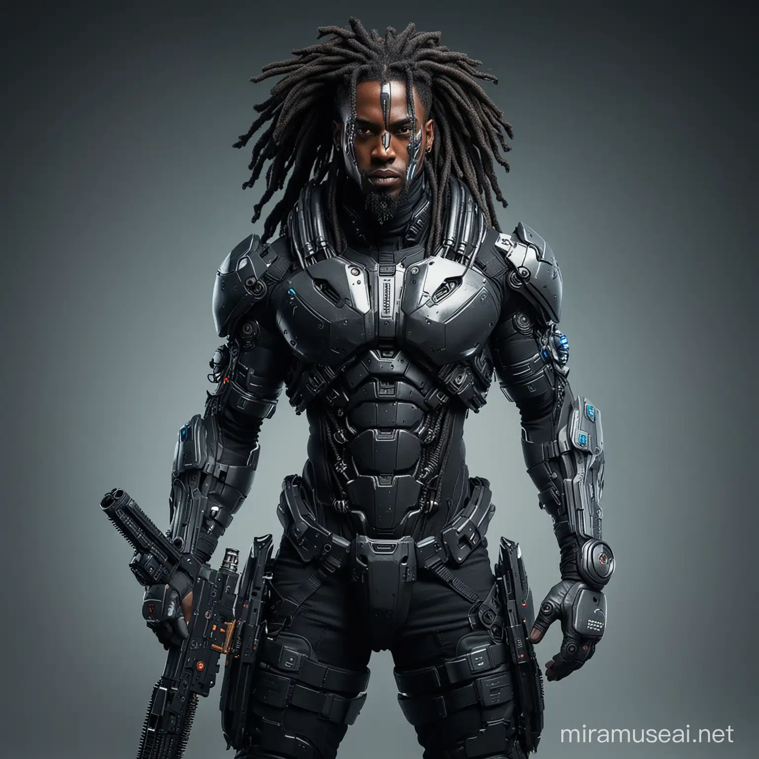 a black futuristic super soldier with dreadlocks holding a futuristic weapon. On his face, is an advanced cyberpunk mask that he uses for vision and breathing. Full body photo 