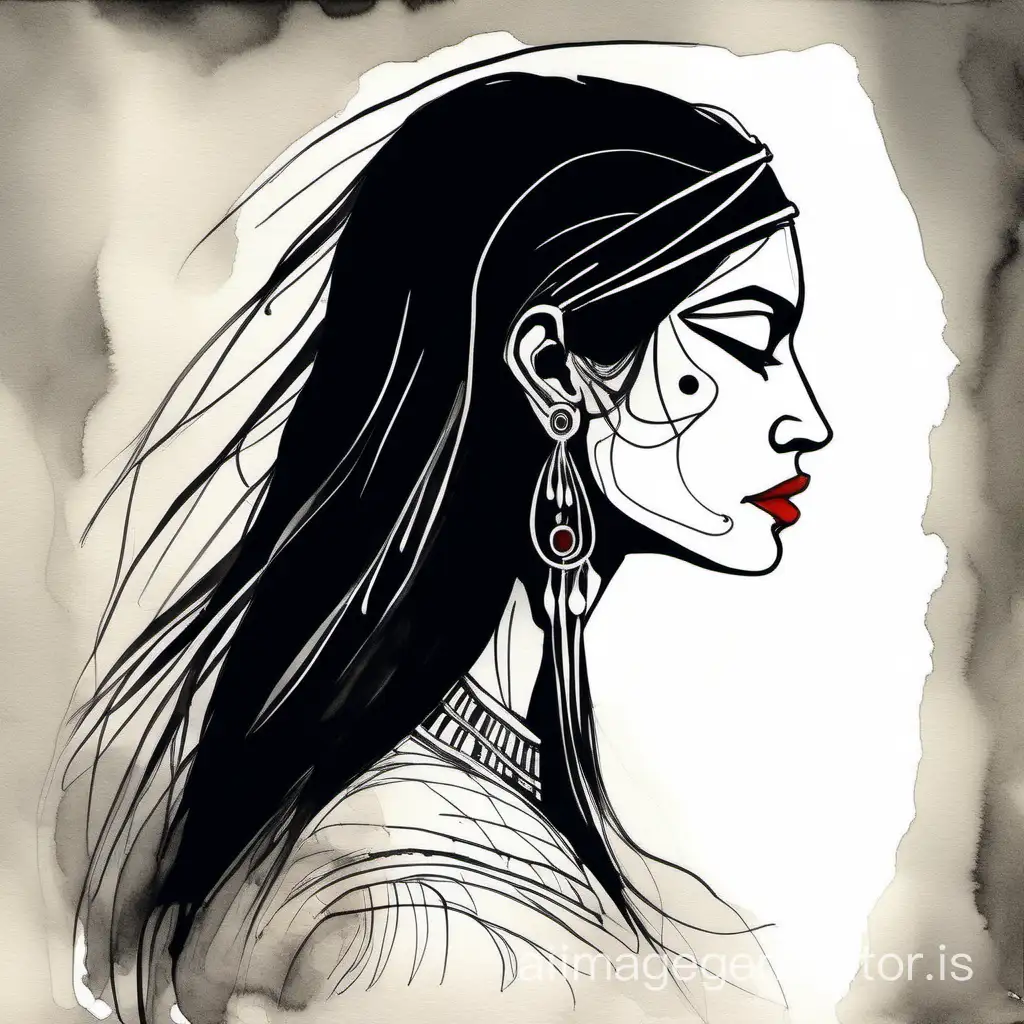 Ink-Sketch-Regal-Indian-Shaman-Woman-with-Long-Black-Hair-in-Minimalist-Noir-Style
