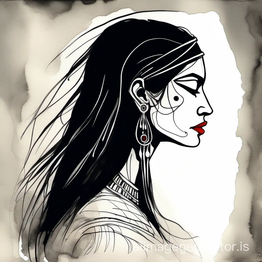 ink sketch royal portrait indian shaman woman with black long hairs, profile on the right side, white line, red lips, clean black background, minimalist line art, one continuous smooth line, very simple, noir style. ink wash, aquarelle, watercolor style.