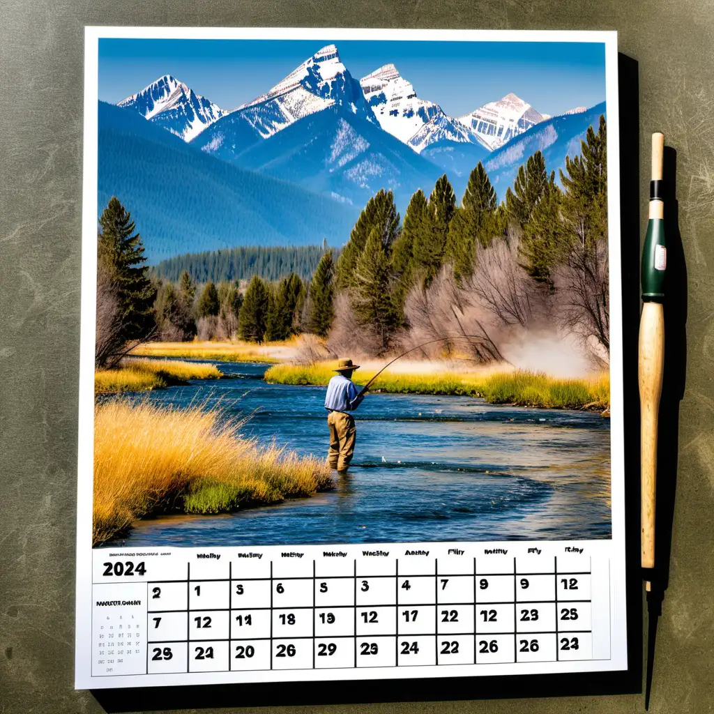 a monthly calendar for 2024 featuring Montana fly fishing scene with mountains and big rivers and an angler. Spell Montana exactly Montana
