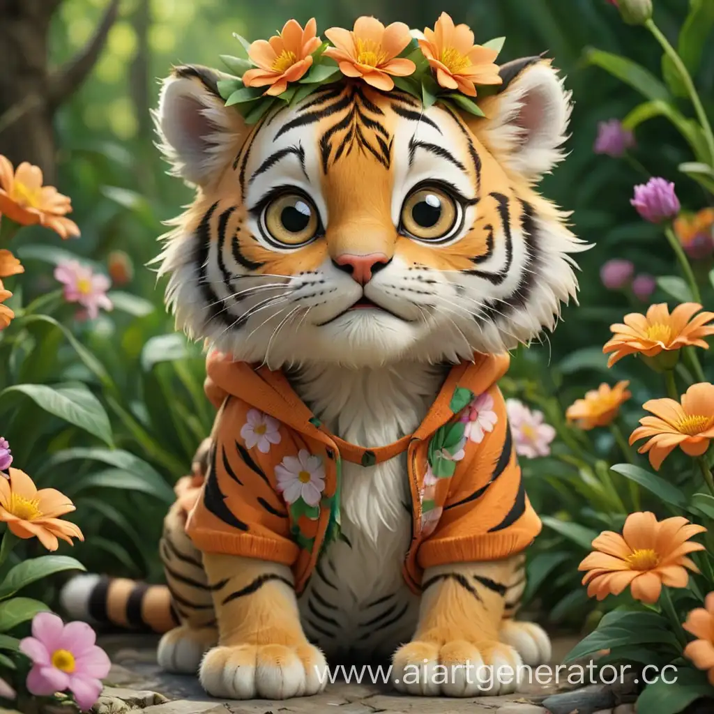 Adorable-Tiger-Cub-Wearing-Playful-Attire-Surrounded-by-Vibrant-Flowers