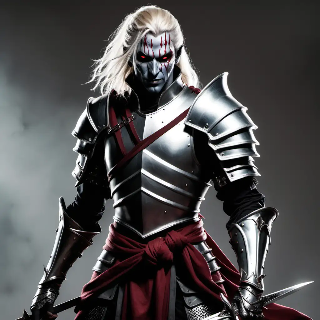 Blond HalfDrow Warrior in Silver Armor with Longsword