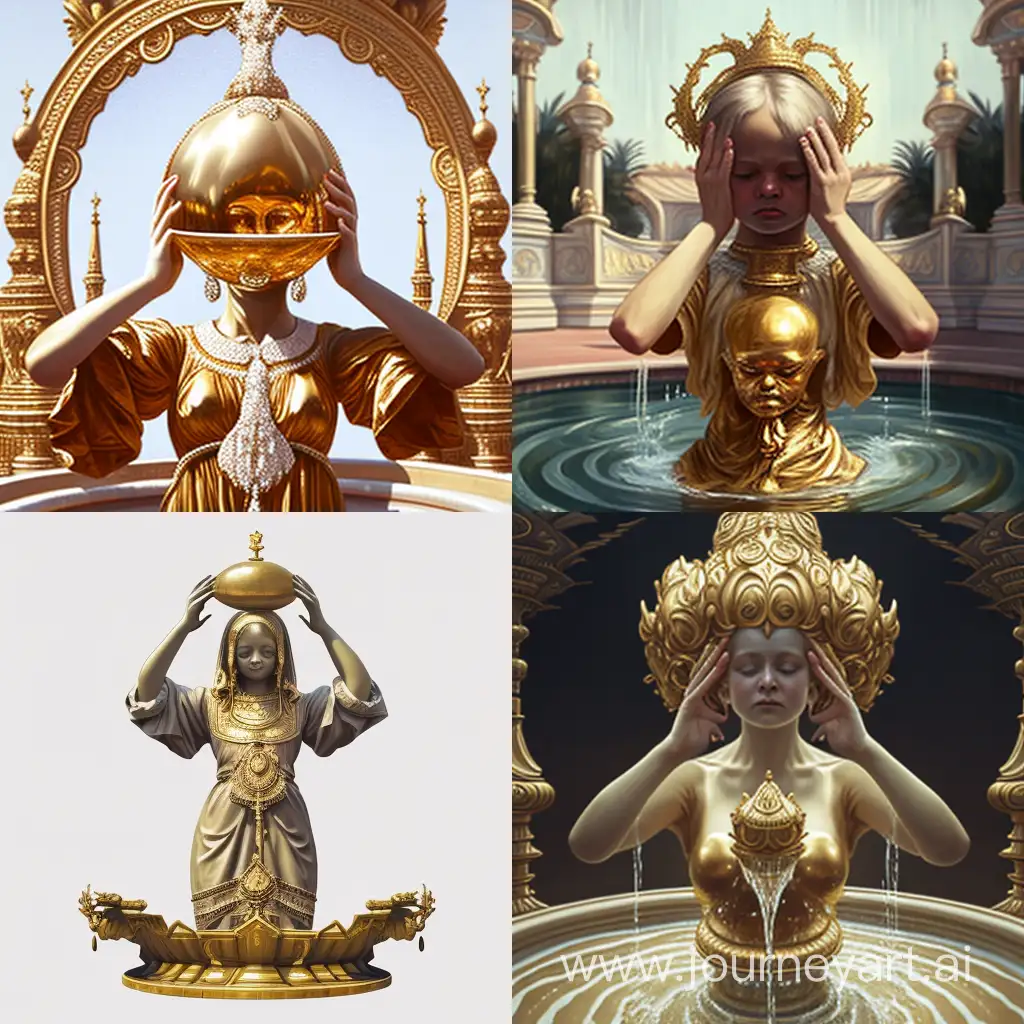 Golden-Russian-Folk-Fountain-Enigmatic-Statue-with-Coconut-Crown