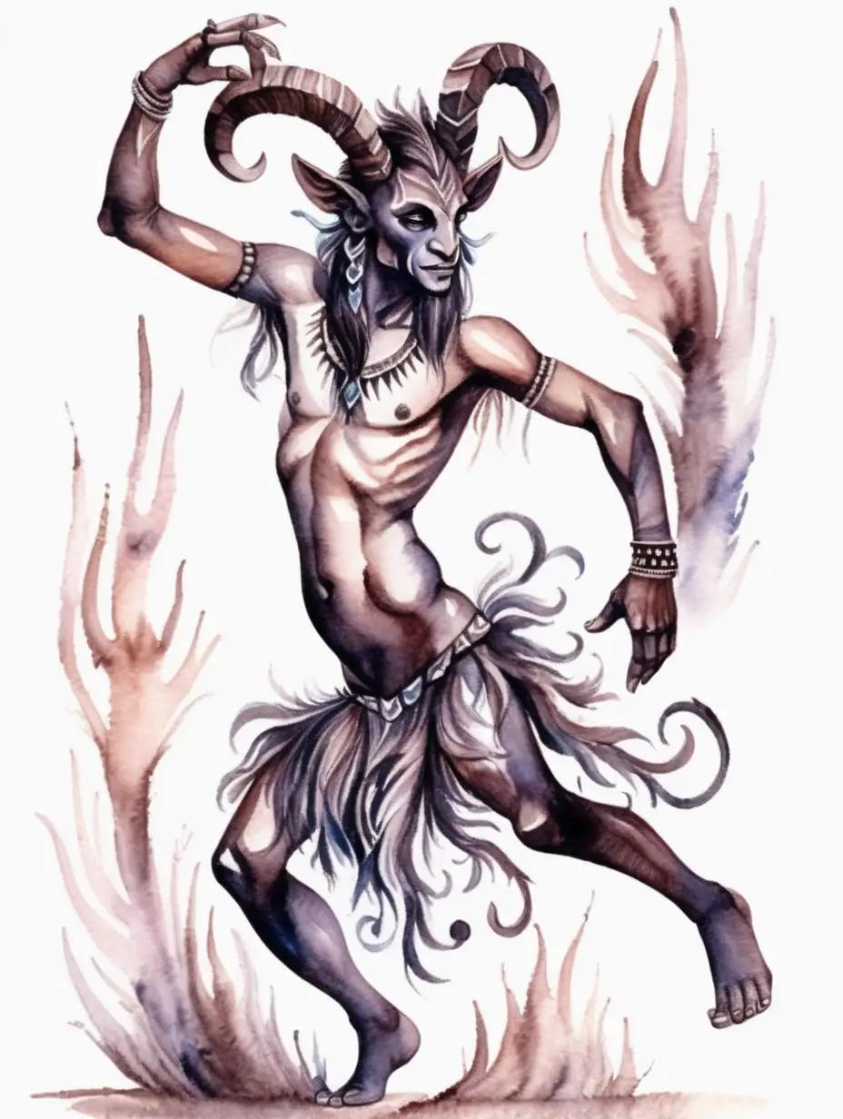 fantasy dark tribal Satyr dancing, dark watercolor drawing, no background
