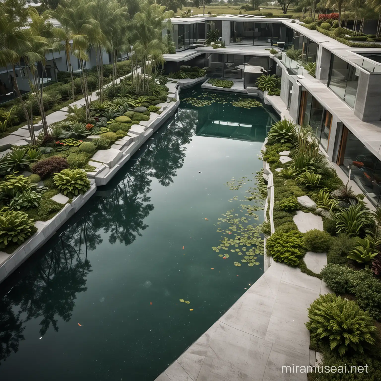 Futuristic Urban Commerce Vibrant Pond Cityscape