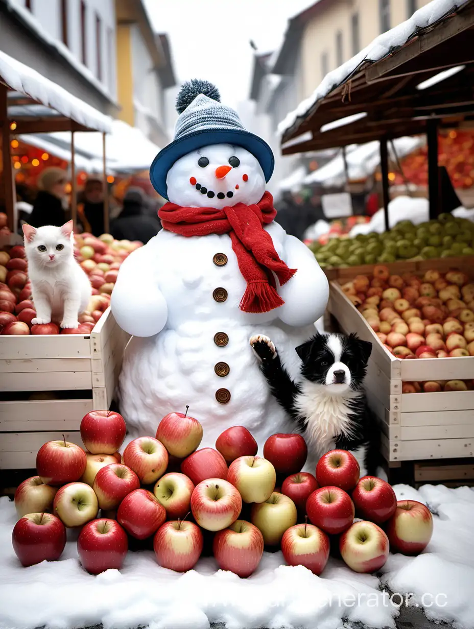 Снеговик посреди ярмарки яблок с щенятами и котятами
