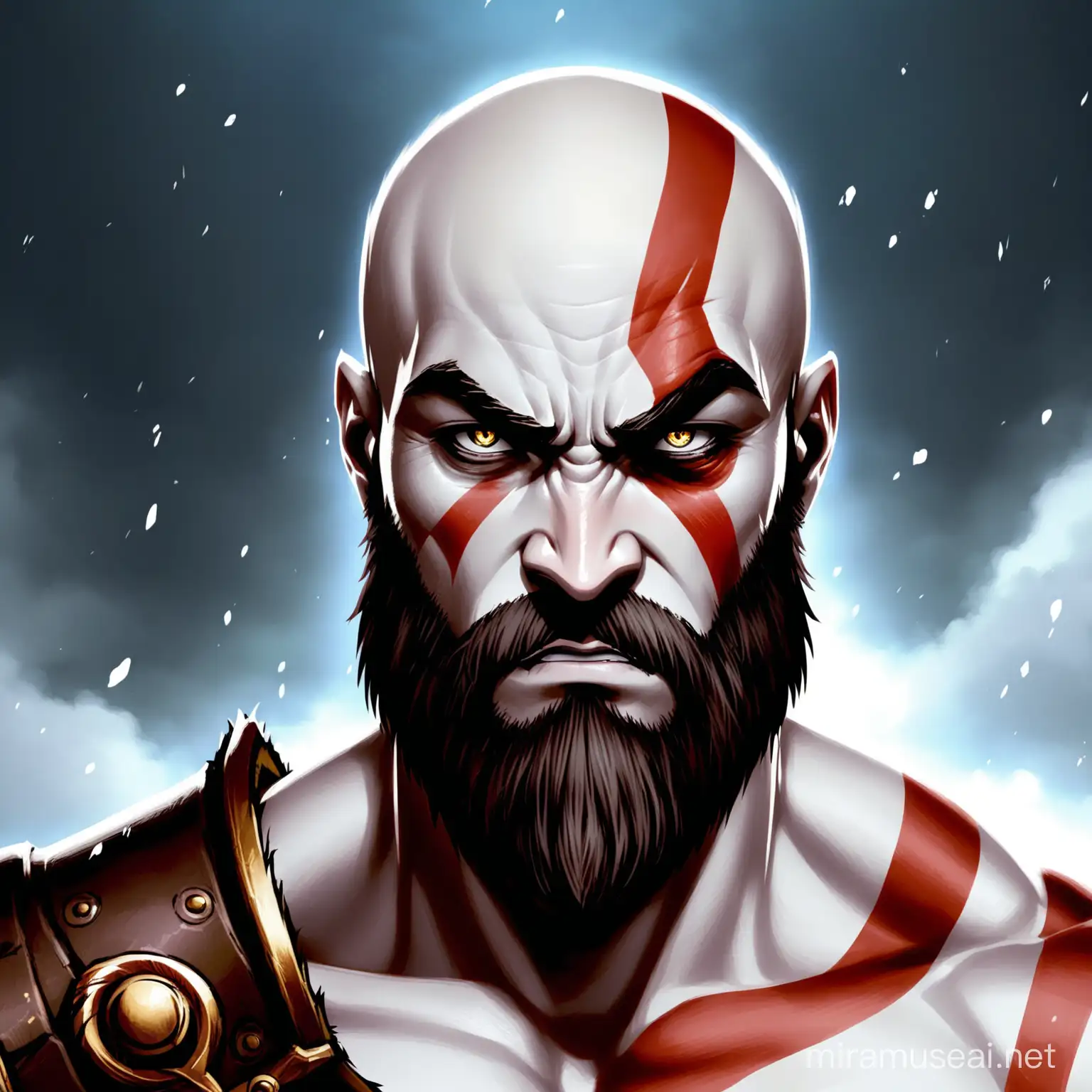 Kratos the Fierce God of War in Intense Frontal Portrait