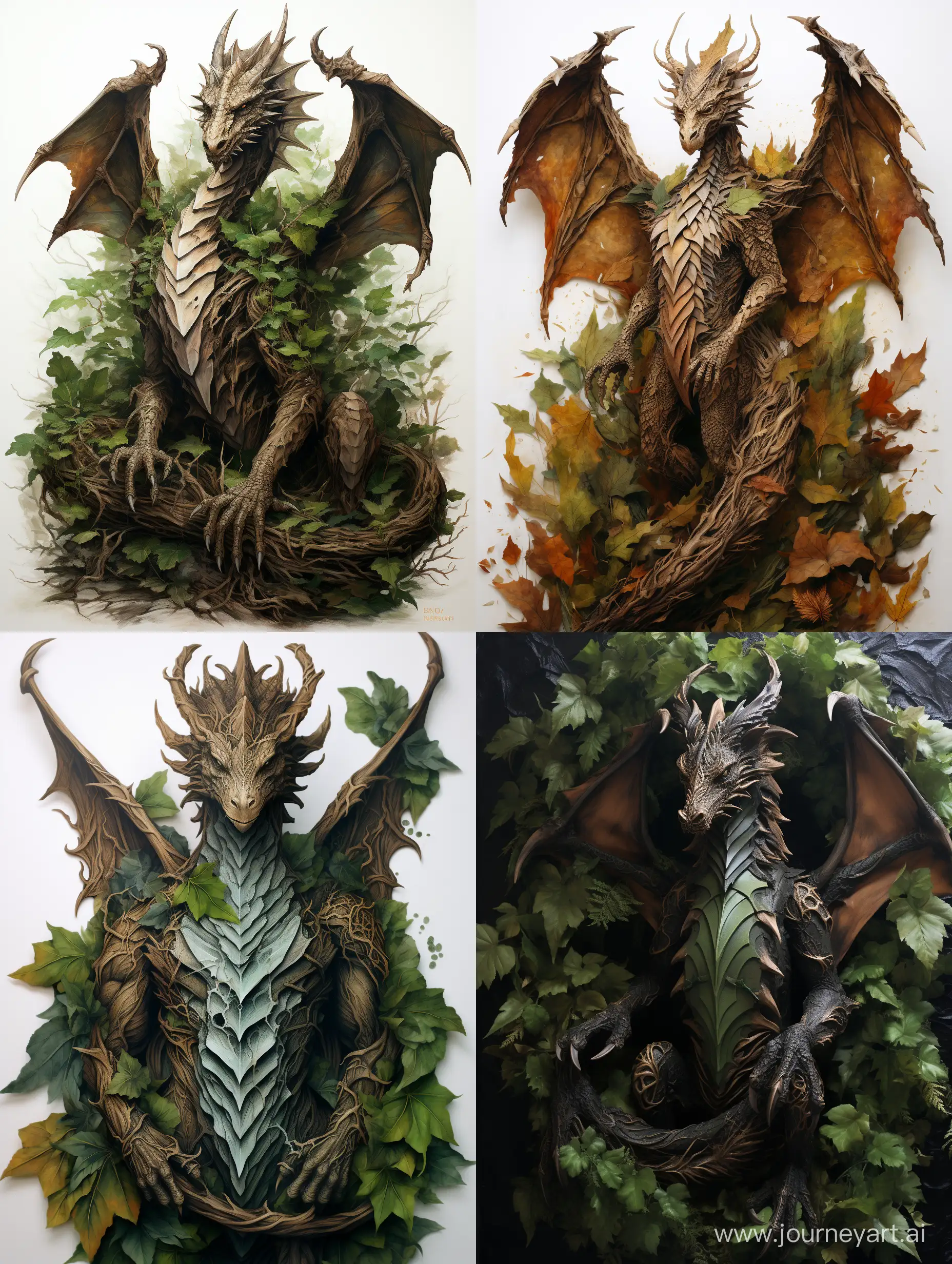 Full body of a Majestic Gothic Dragon made of oak leaves, 2D, Fantasy Art