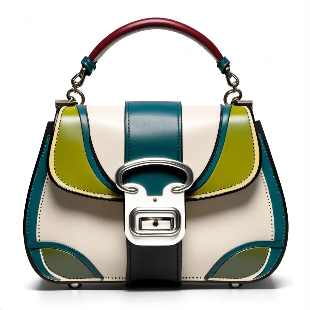 Chic Art NouveauInspired Leather Bag with Color Block Inserts and Metal Buckle