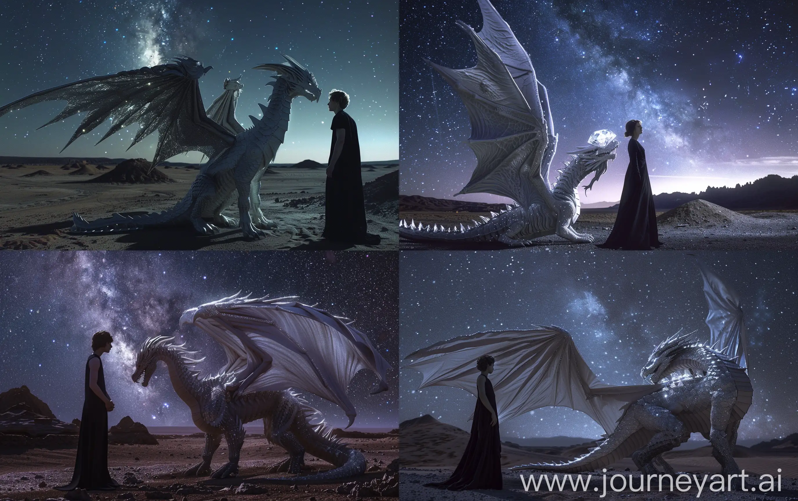 The huge winged diamond dragon stands on the ground, young man in long black dress looks at the dragon, the night dark desert with small hills, a deep space with bright milky way in the sky, realistic, Kodak 35mm shot --ar 16:10