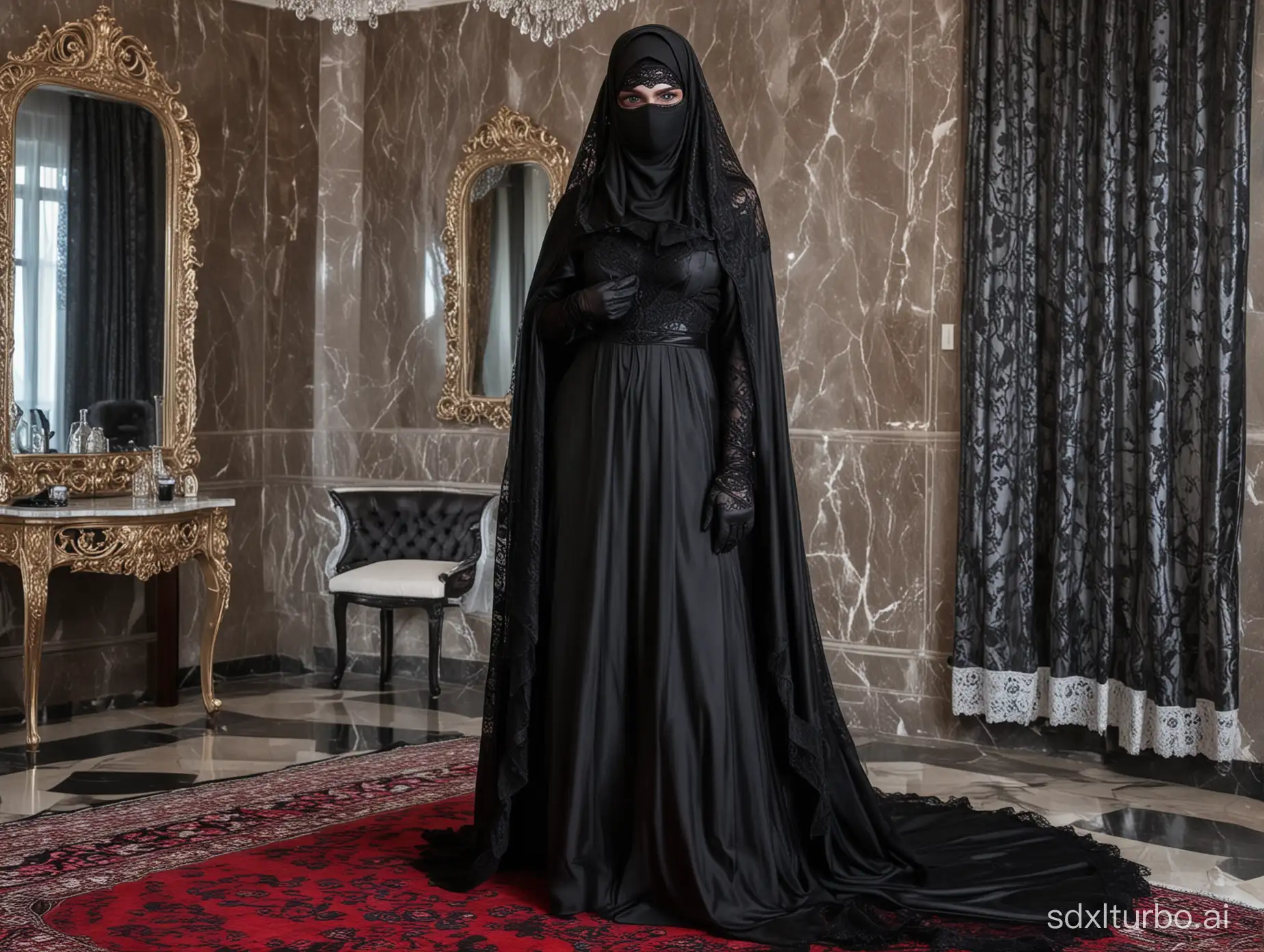 Sissy standing, constrained, blue eyes, fully black burka. head covered, mask on mouth, head covered with a transparent lace veil, eyes masked. Black gloves. Black pumps. Luxury room, marble walls and red satin bed. Mirror in the background.
