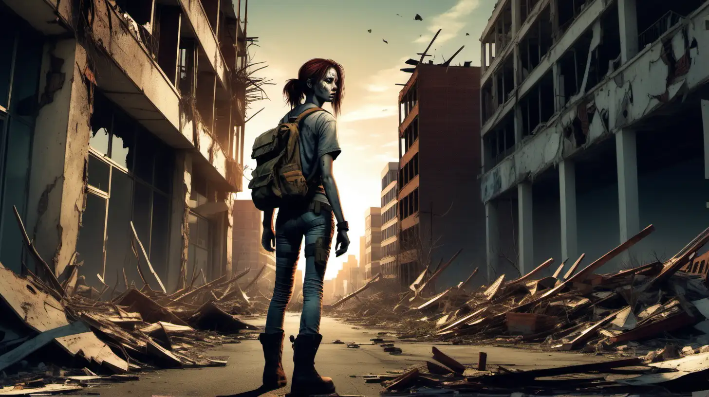 A female survivor of the Zombie Apocalypse, inspired by the works of George A. Romero, walking through a downtown city of ruins. She carries a weathered backpack over her shoulder and wields a makeshift weapon, ready to fight for her life. The scene is set during golden hour, with warm sunlight casting long shadows amidst the destruction. The cityscape is filled with crumbling buildings, broken signs, and overgrown vegetation, creating a post-apocalyptic aesthetic. The survivor's attire consists of tattered clothing and worn-out boots, emphasizing her resilience and determination. The image is styled like an illustrated graphic novel cover, with bold outlines and intense colors, reminiscent of artists like Robert Kirkman and Charlie Adlard.