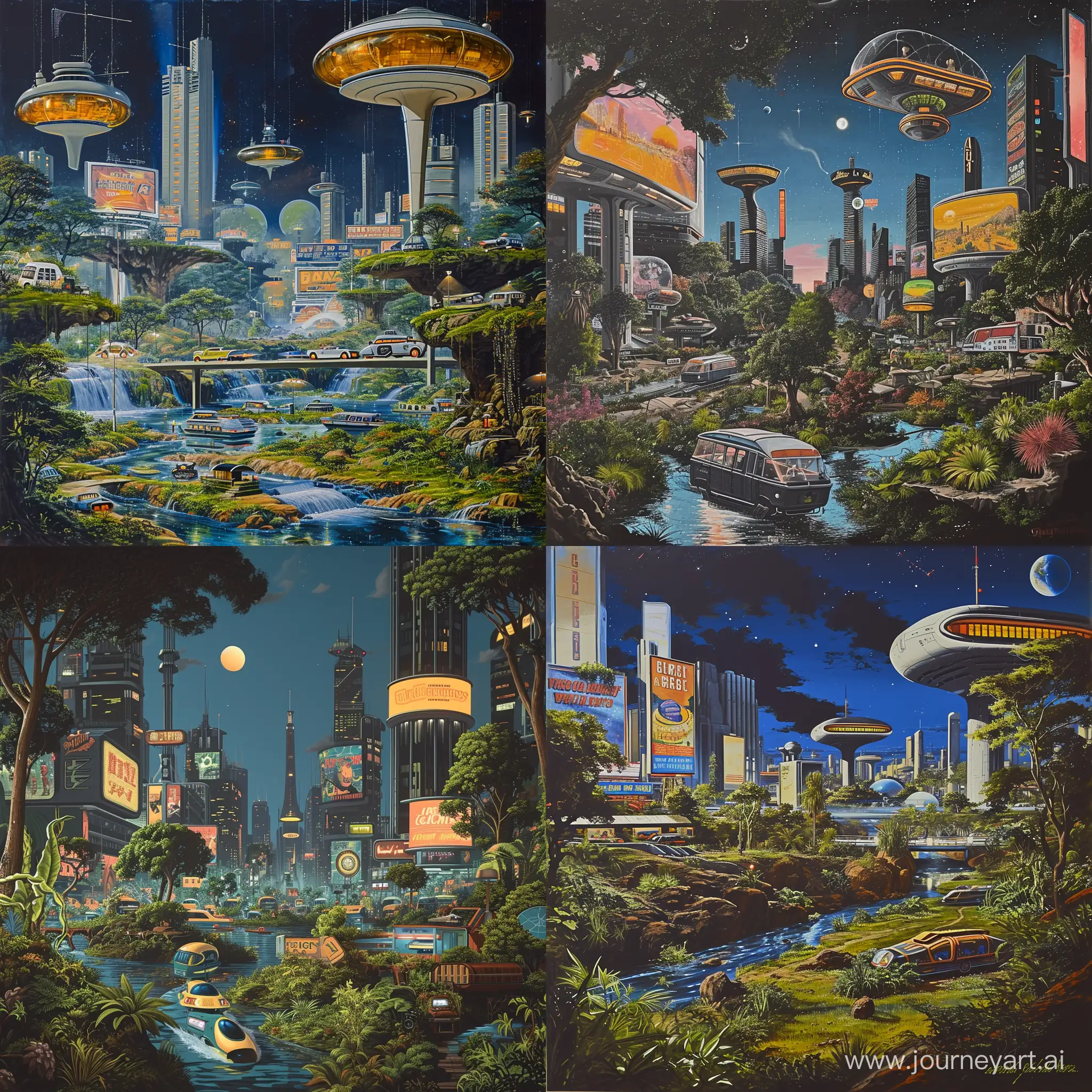 "Create a detailed airbrush painting that captures the essence of a bustling yet tranquil retro-futuristic city environment. It's night time in a scene filled with retro sci-fi charm and 70s-inspired aesthetics. The city is alive with vibrant colors and nature, blending the old with the new. The urban landscape boasts modern architecture alongside advanced technology. Modes of transportation unique to this science fiction setting move throughout the city, while vintage billboards add character to the skyline. The artwork should convey a sense of nostalgia while also depicting a forward-thinking, open city space."

