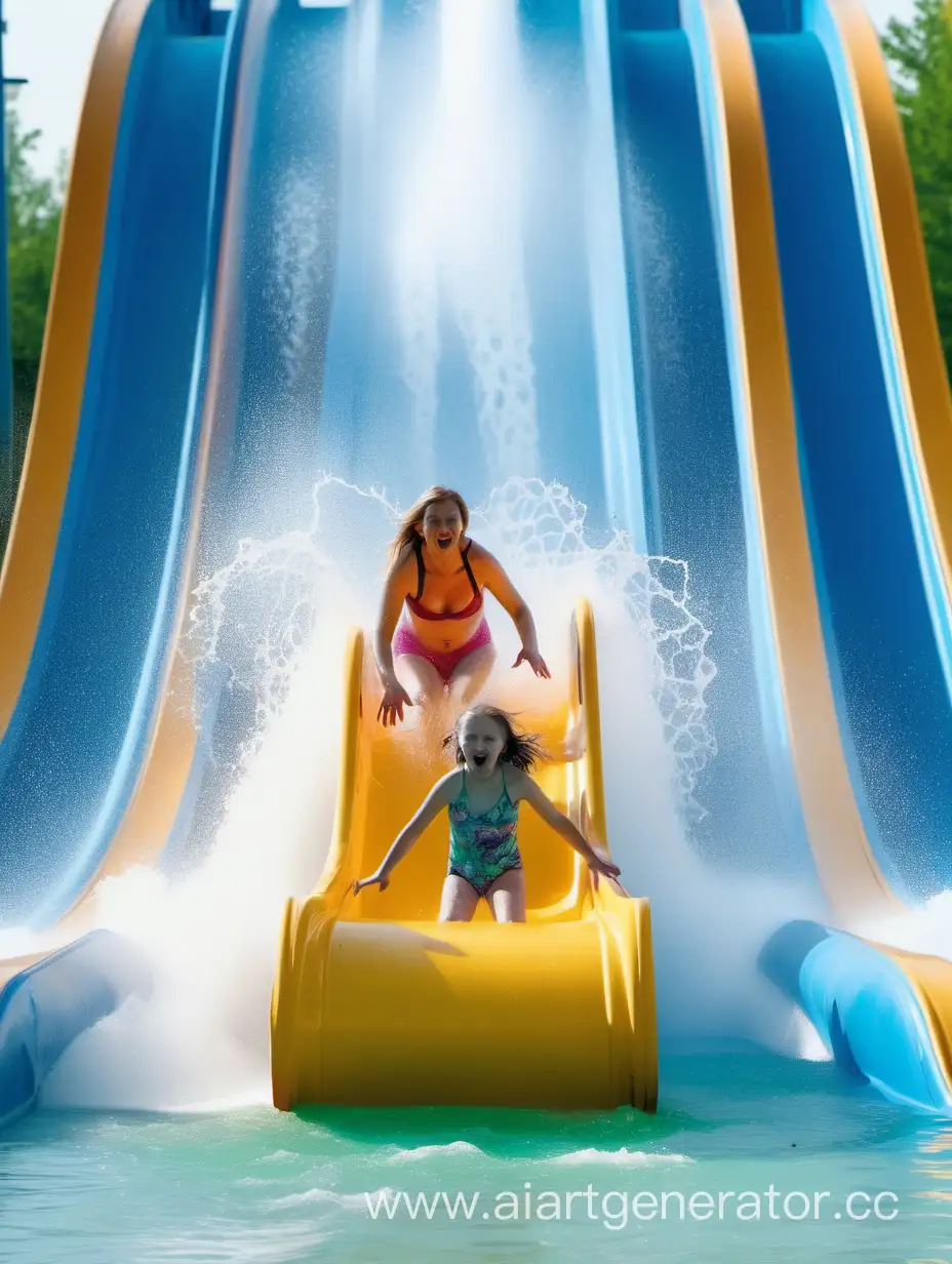 The girl and the moms fall into the water from the slide in the water park