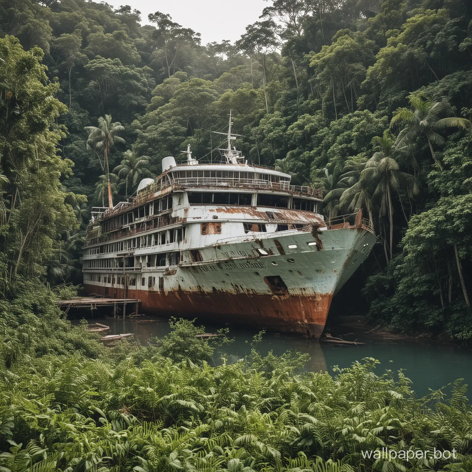 an abandoned cruise ship at the jungle coast