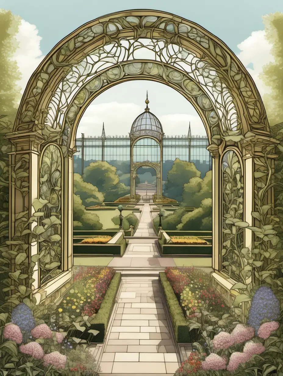 In the style of art nouveau, an ornate arch with flowers, vines, leaves around a view of gardens and in the distance the Crystal Palace