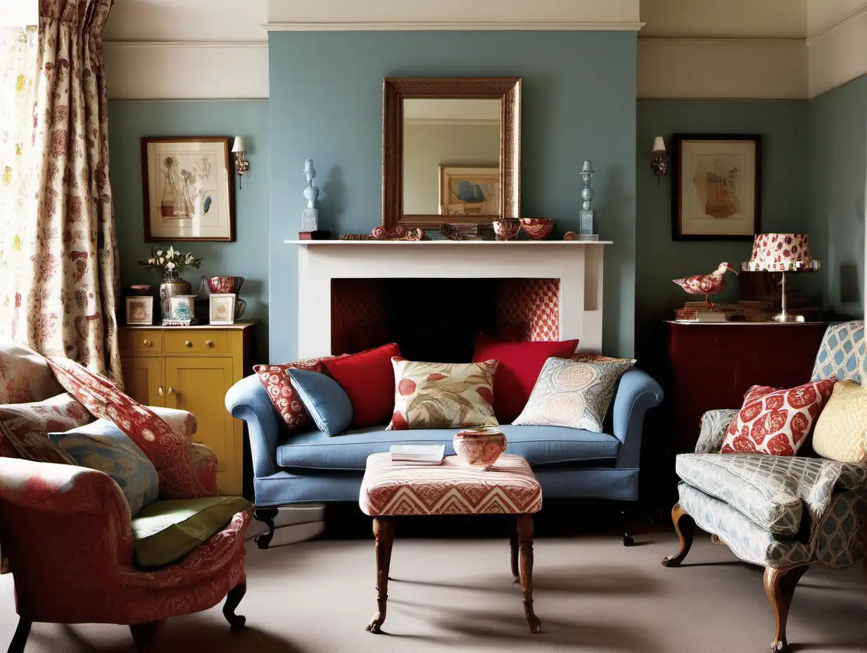 Eclectic Period Living Room with Vibrant Duck Egg Red Ochre and Blue Patterns