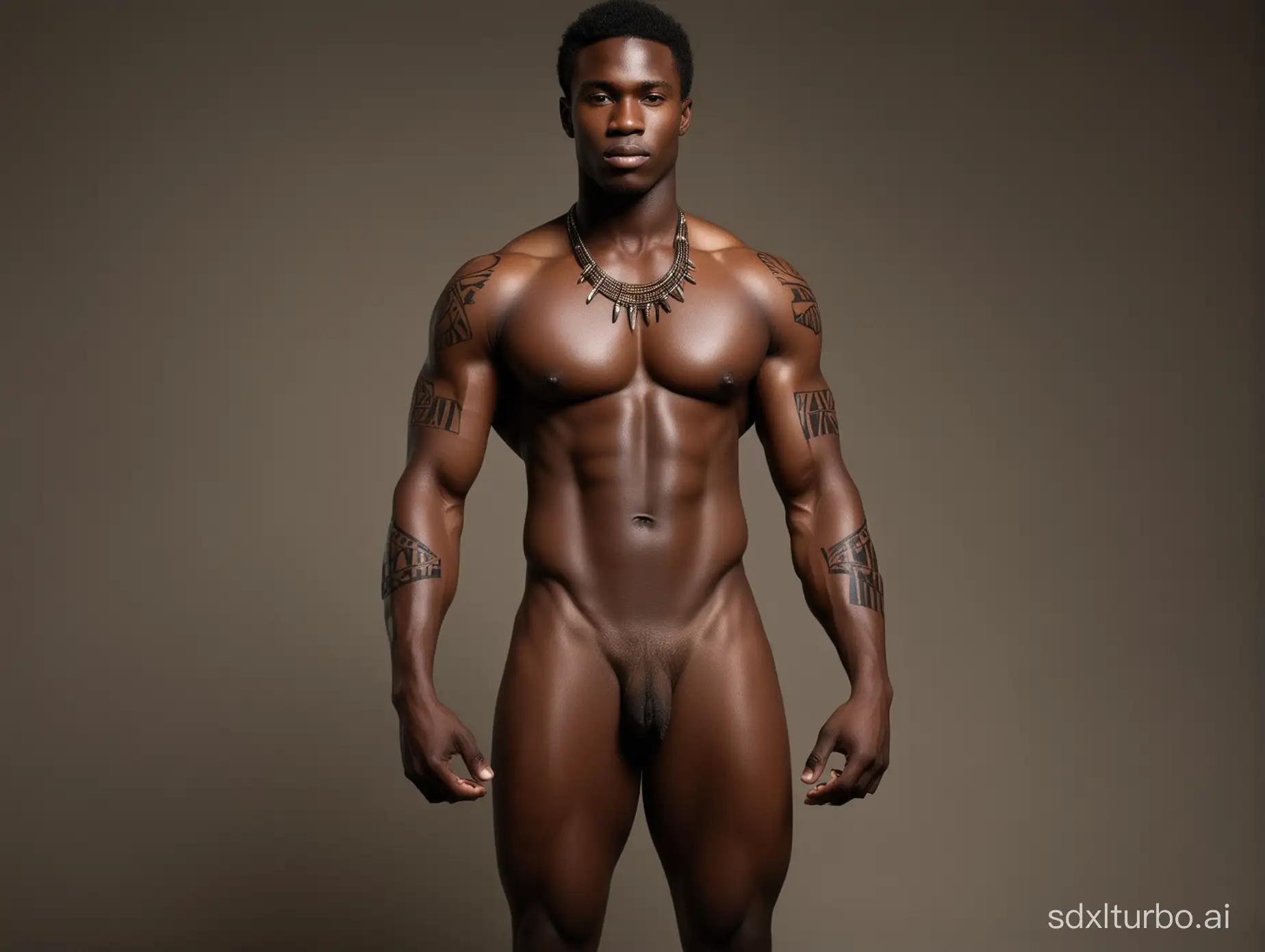 gorgeous, dark black male, full body nude, brillance, African-native model as refrence, Thick-tone warrior body build