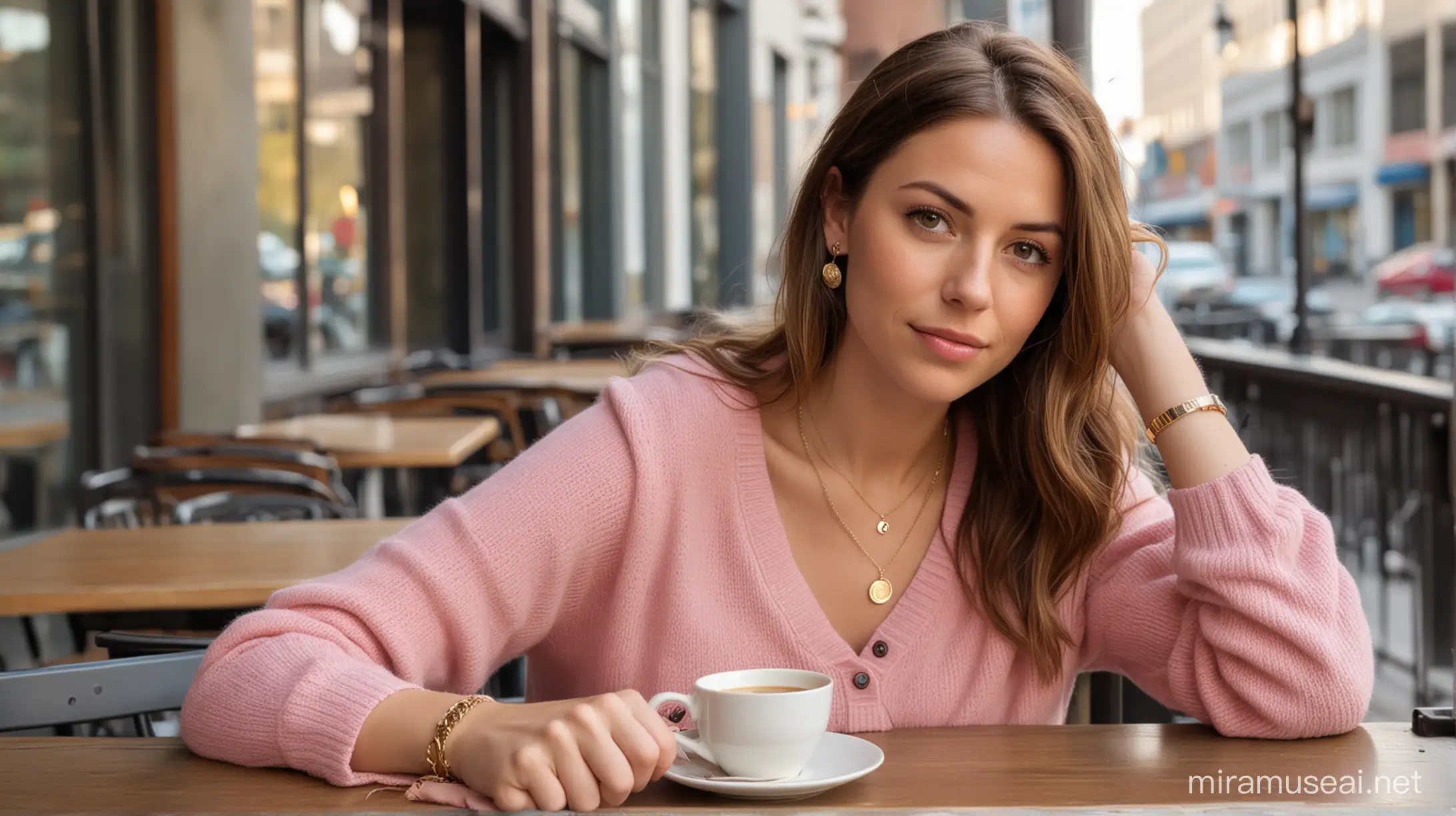30 year old white woman with long brown hair hair parted to the right, wearing a gold necklace, pink button-up sweater, sitting down at a table with coffee in a cup in a saucer at an outdoor urban café background