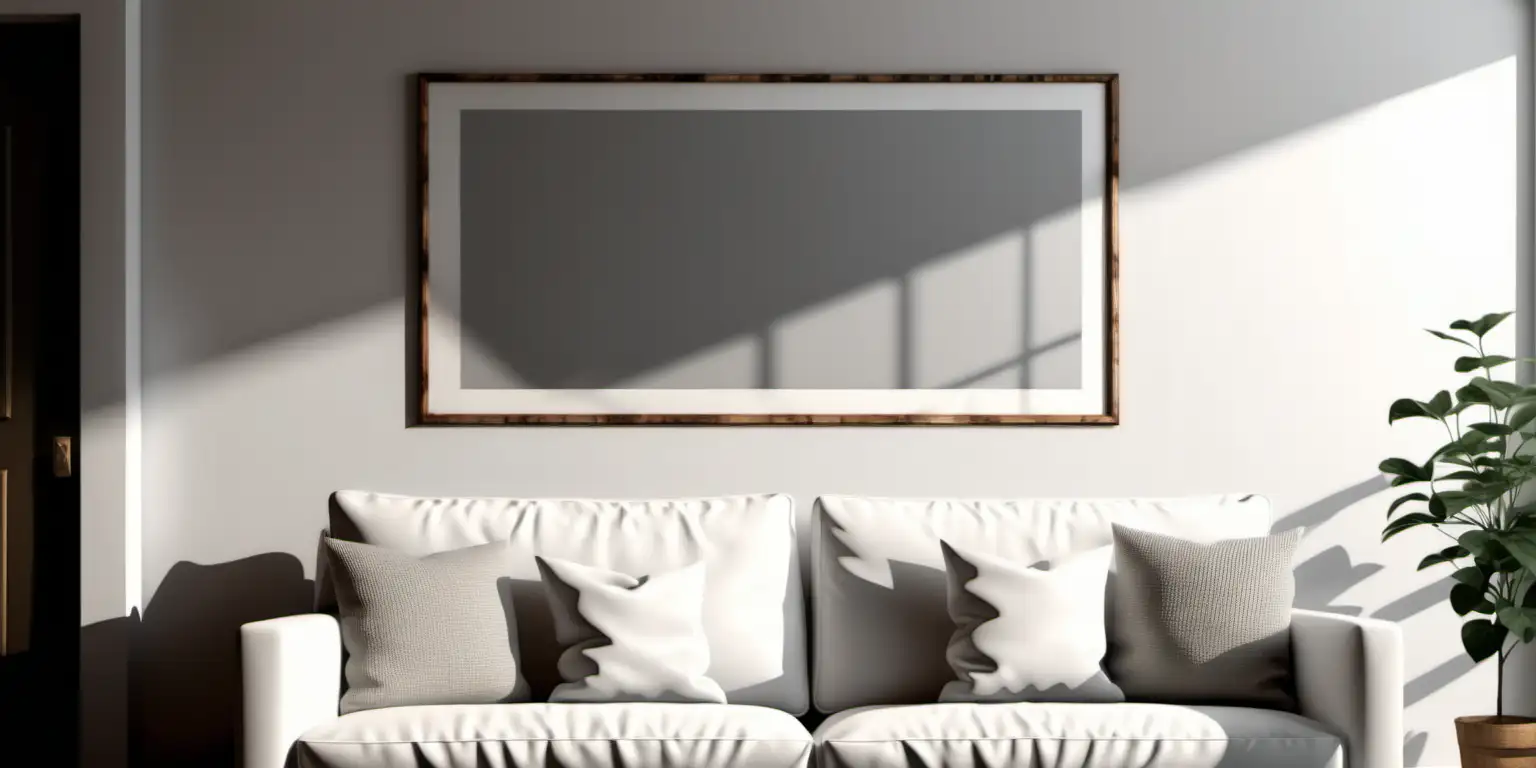 wooden poster white blank frame mockup, reflection, shadow overlay, cozy living room, farmhouse stlyle, warm room, 4K, exclude random objects,
