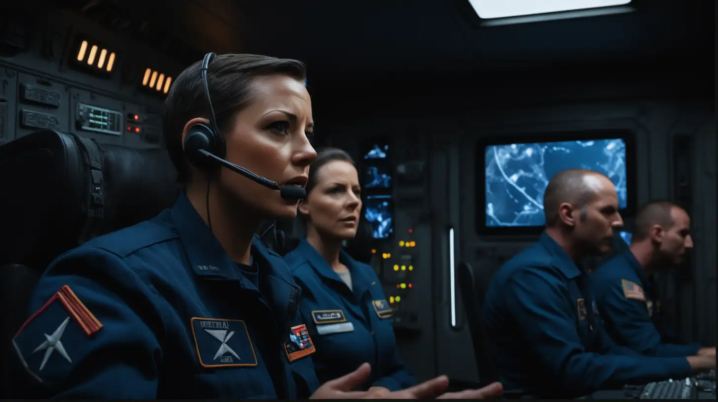 Capture the moment when Commander Alexis addresses the crew over the intercom, instructing them to go to battle stations. Convey a sense of urgency.