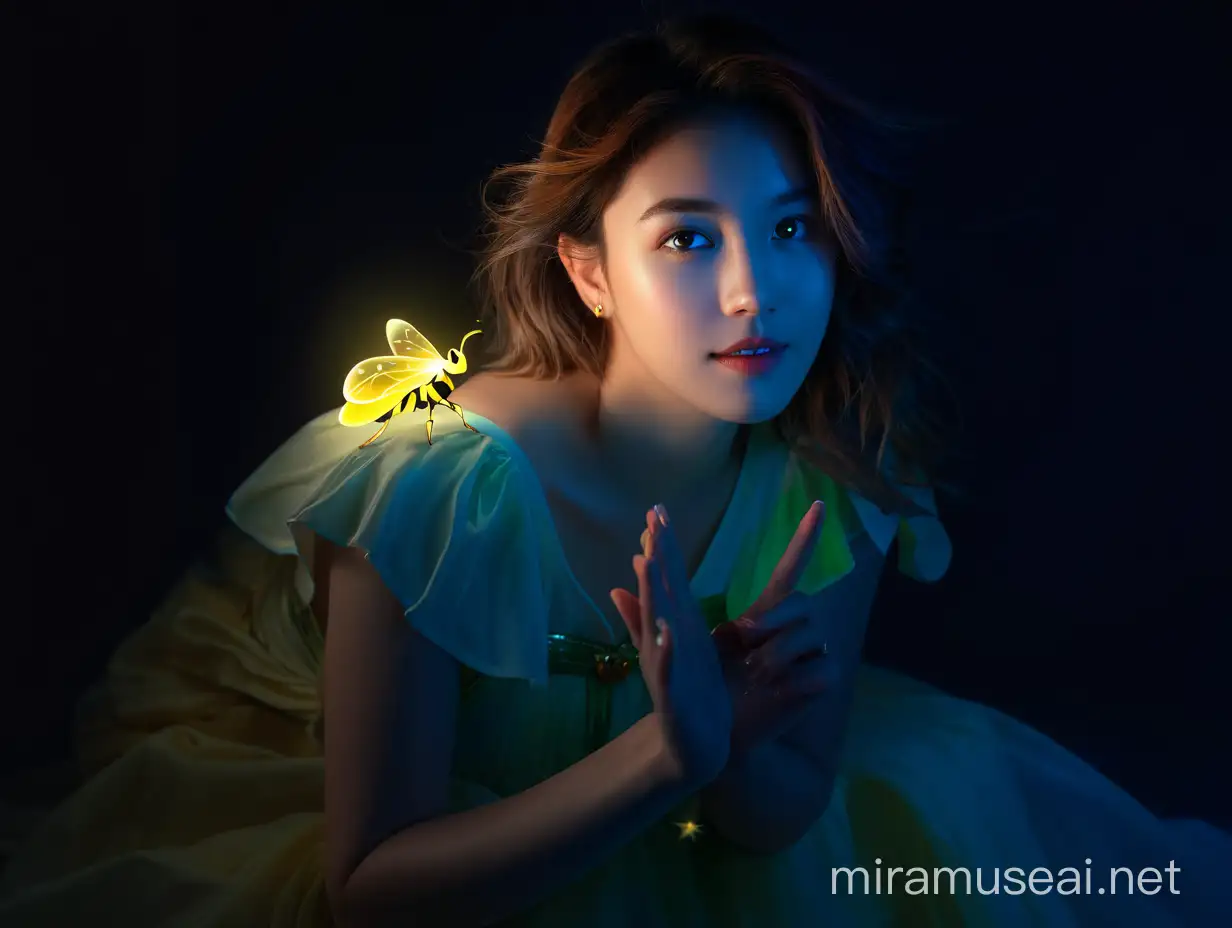 Magical Girl Holding a Luminescent Firefly at Twilight