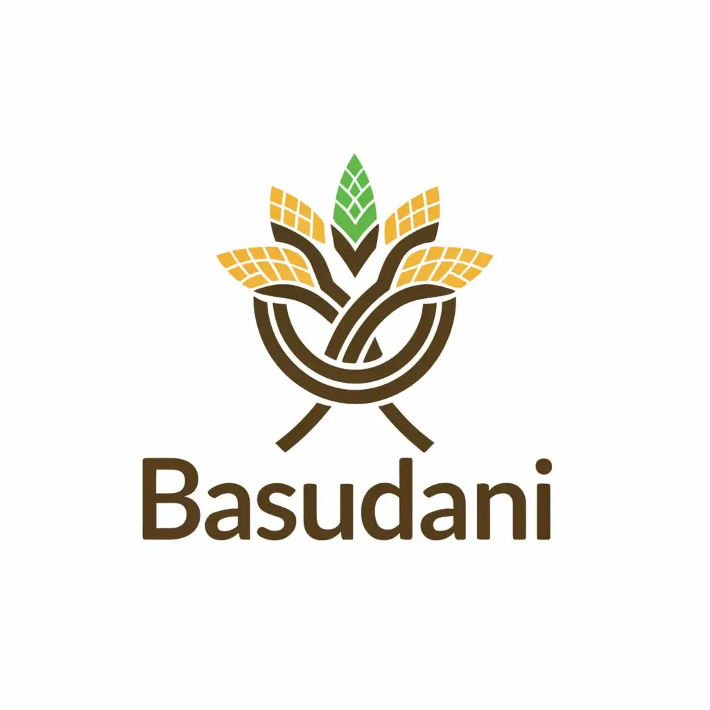 a logo design,with the text "BASUDANI", main symbol:Create a logo where the banana, coconut, and rice plants are depicted as interlocking or intertwined elements. This symbolizes the interconnectedness of these crops and their importance in the harvest celebration. Use abstract and stylized illustrations of banana bunches, coconut palms, and rice stalks to represent the crops. Simplify the shapes while retaining their essence to ensure recognition. Arrange the interlocking elements in a circular or rounded composition to symbolize unity and completeness. This circular motif can also represent the cyclical nature of the harvest season. Add subtle accents such as small fruits, leaves, or decorative elements around the interlocking plants to convey the festive mood of a harvest celebration. Choose a clean and minimalist font for the brand name "Basudani." Keep the typography simple to maintain focus on the interlocking elements and ensure readability.,Moderate,clear background