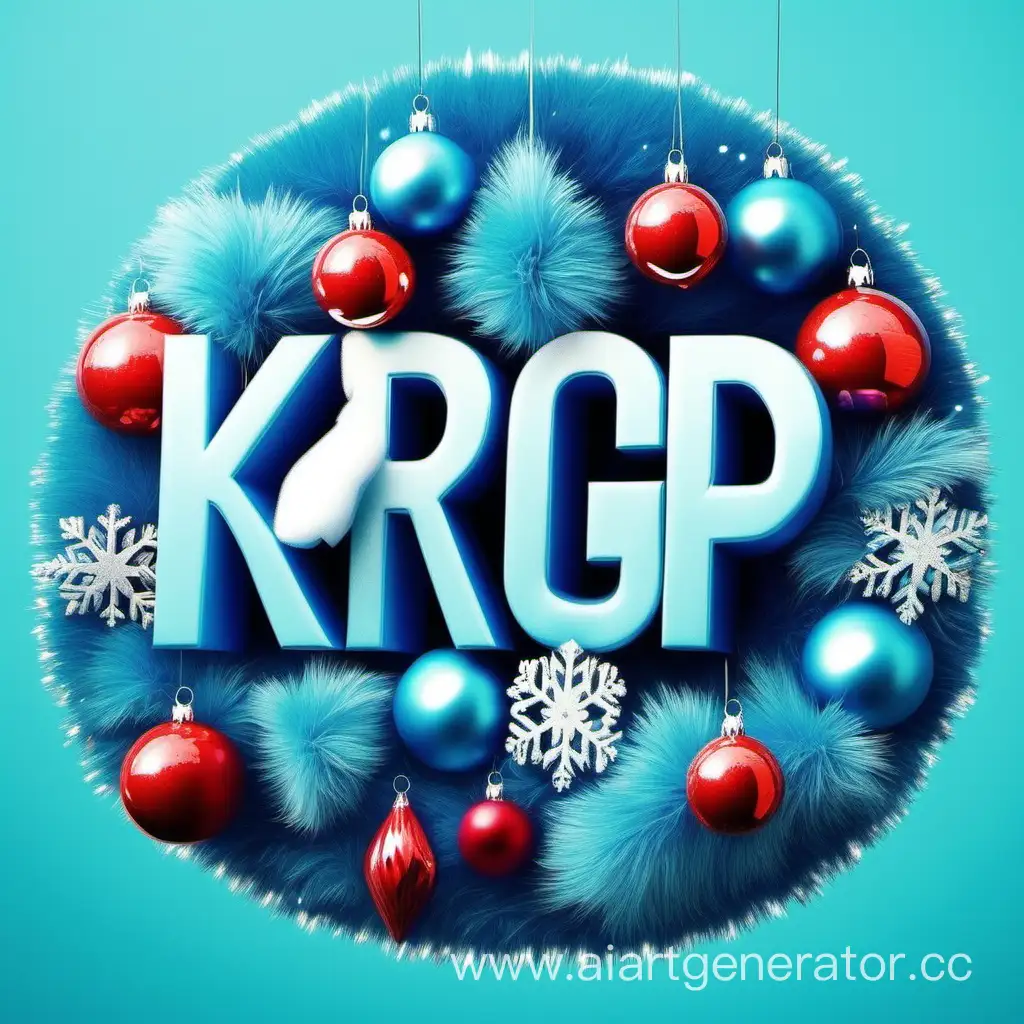 буквы KRGP сделать пушистыми и ёлочными украшениями, чтобы буквы KRGP были в центре событий, цвет синий фон