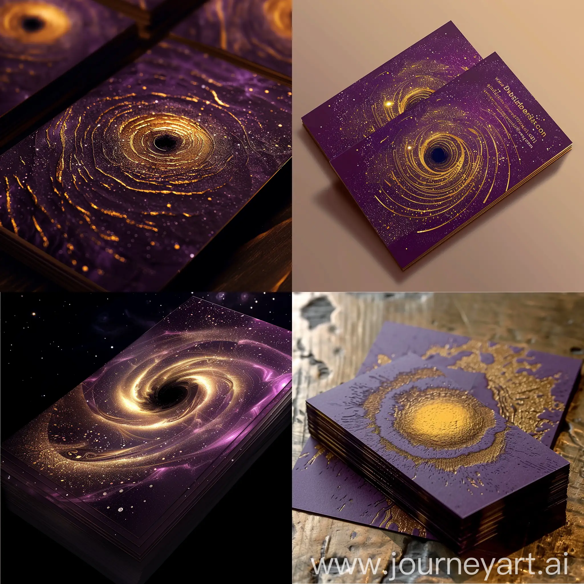 Визитная карточка без слов, в фиолетово золотом цвете и с изображением чёрной дыры.