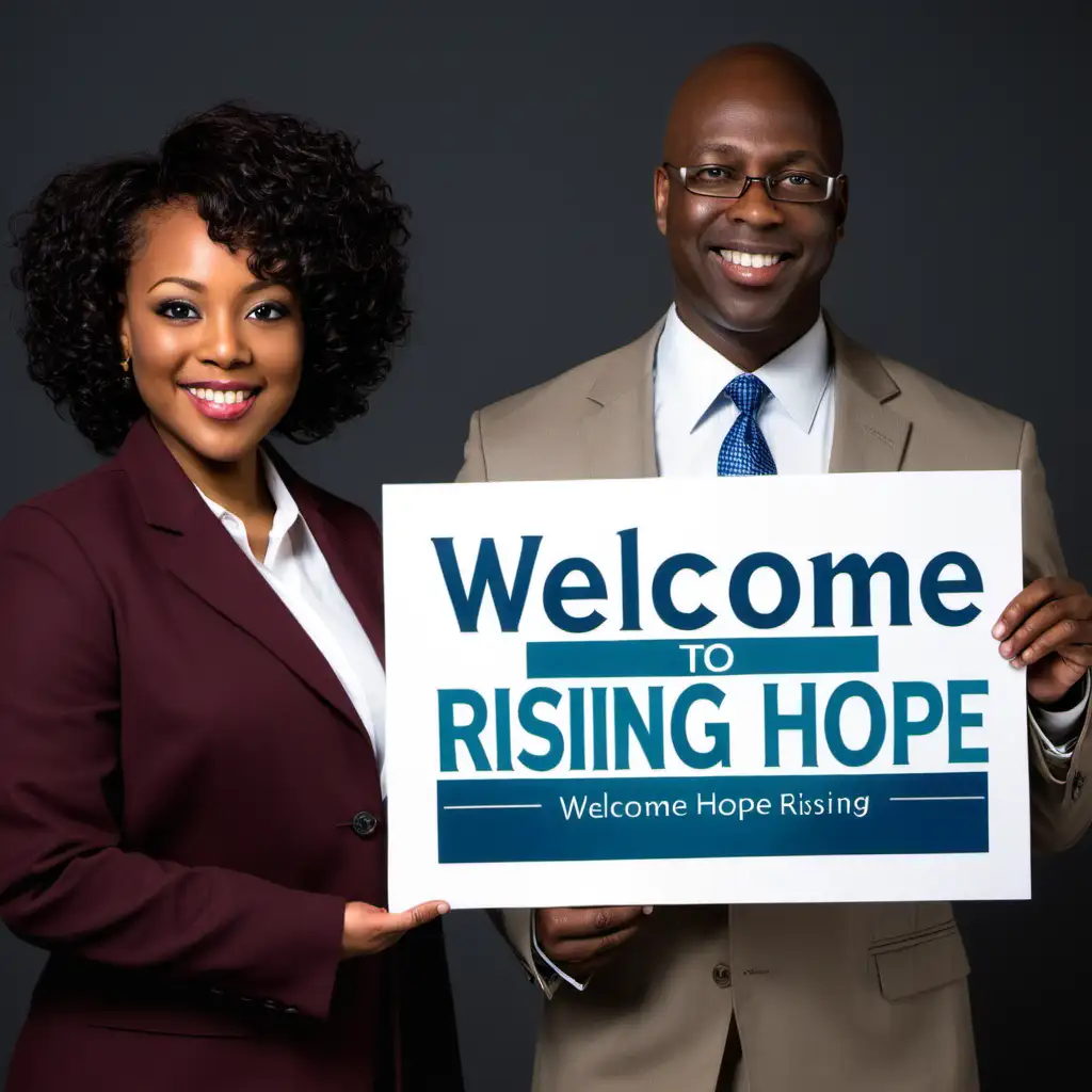 Diverse Corporate Leadership Welcoming Guests with Rising Hope Sign