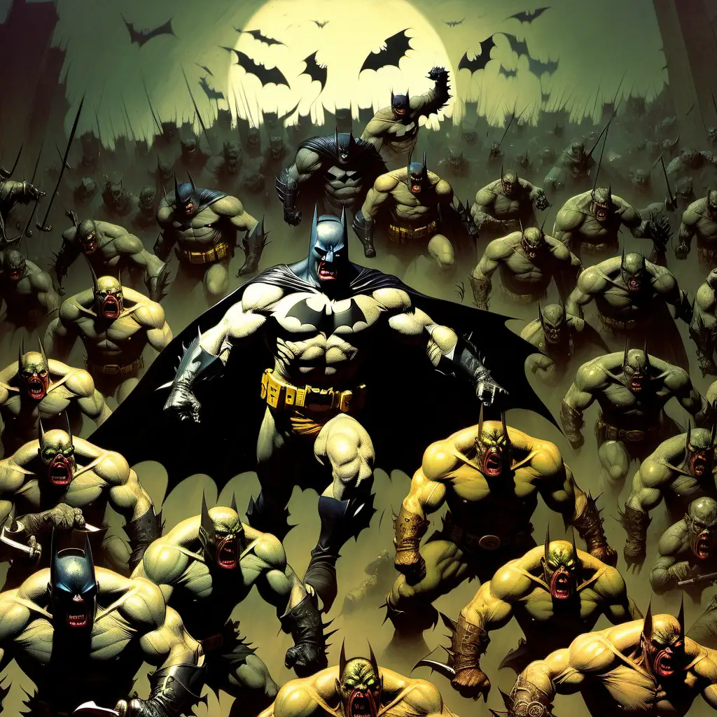 Epic Battle Batman Confronts Ogres in Frank Frazetta Style