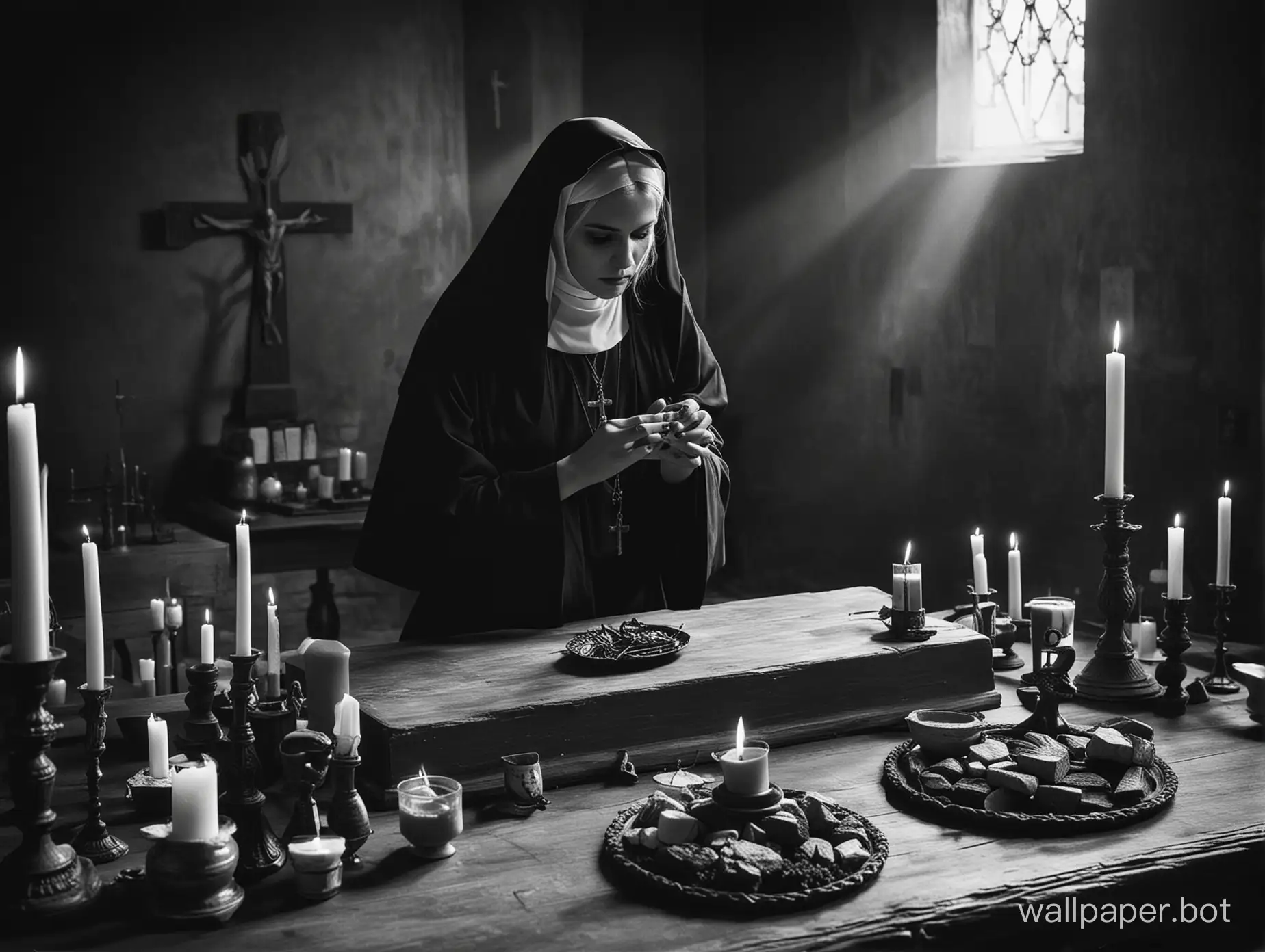 sacrifice of a woman, girl doing satanic ritual,nun ,altar, doing ritual in,black and white photography, high contrast photography, sharp super contrast