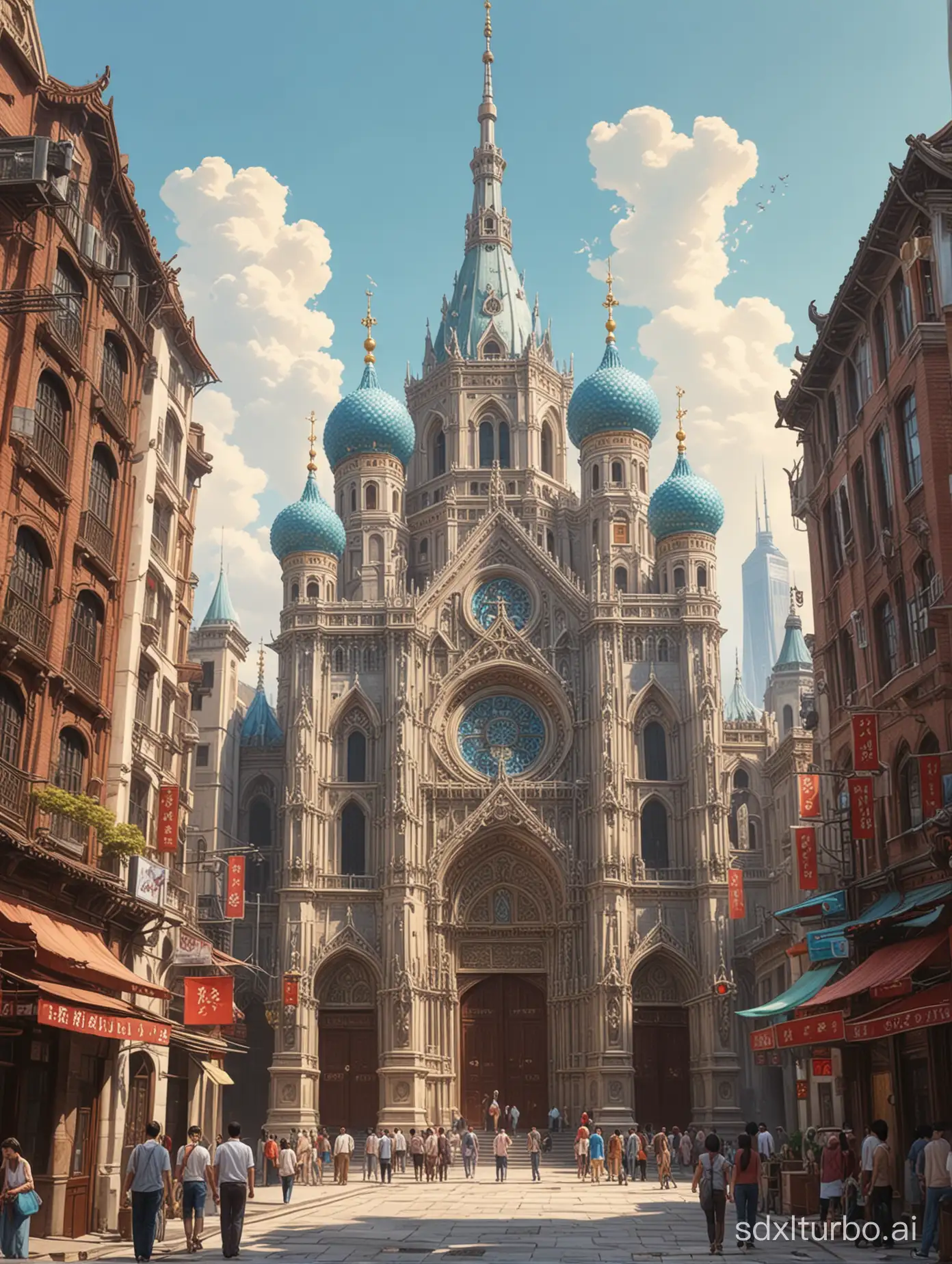 Urban landmark architecture, Shanghai landmark, Oriental Pearl, high definition, exit, animated characters, color comics, with painting scene, conceptualart, detailed, beautiful, attractive, with perfect composition, rich colors, and attractive. Paul Cathedral