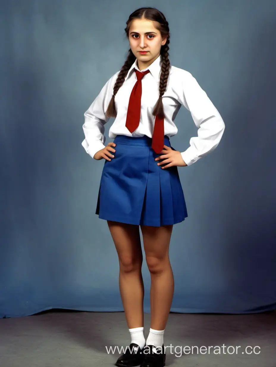 Советская девушка пионерка армянка в белой рубашке с длинными рукавами, синей мини-юбке, тёмных туфлях и красном галстуке с косичками, полный рост