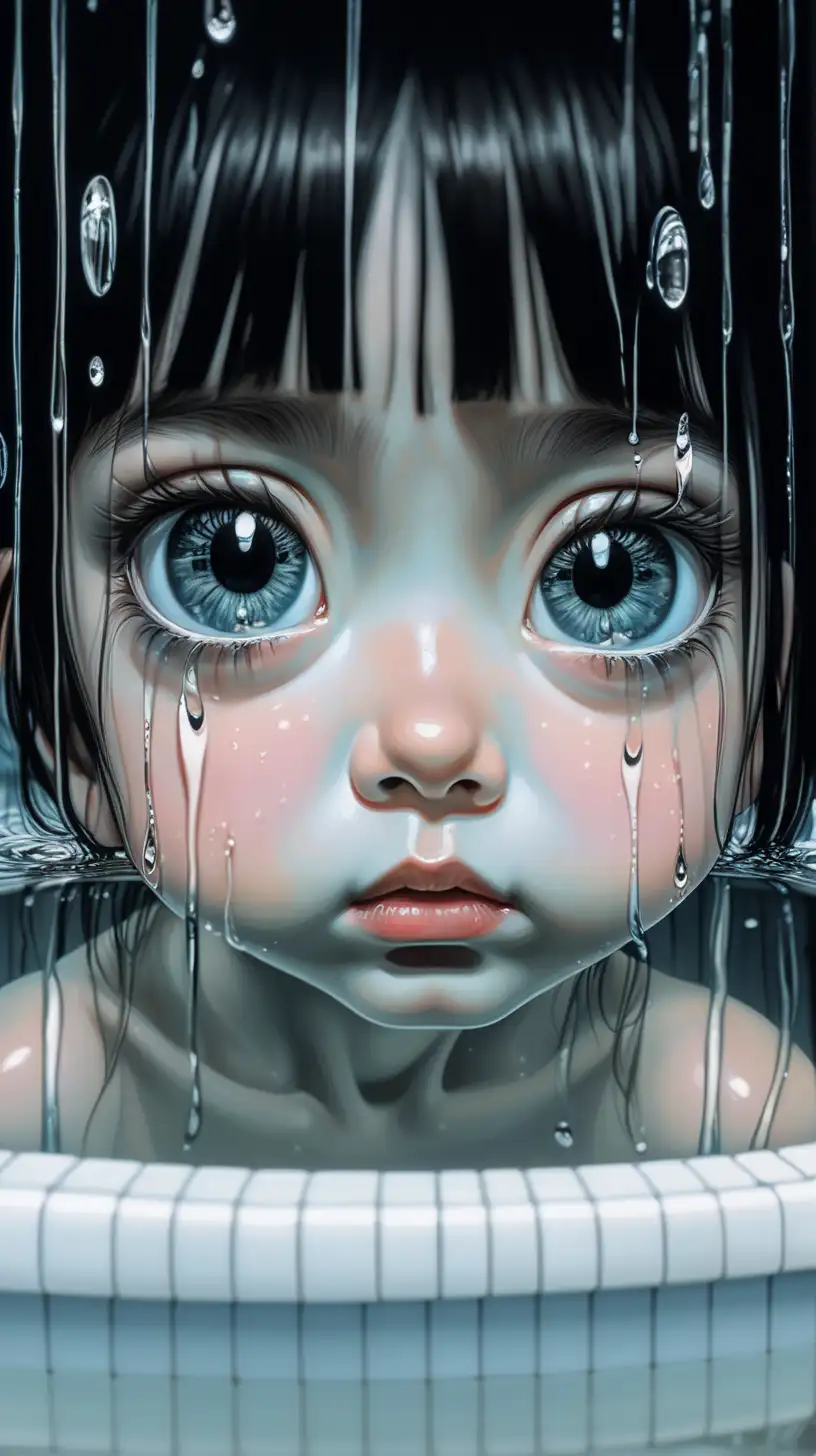 Closeup, little girl, big eyes, emerging from a bath, double exposure portrait, closeup tears, internal Japanese bathroom , mirrored on water's surface below, colour scheme centred on black, cream,  white, against a stark black backdrop, chiaroscuro enhancing the intricate details, in a digital rendering.
