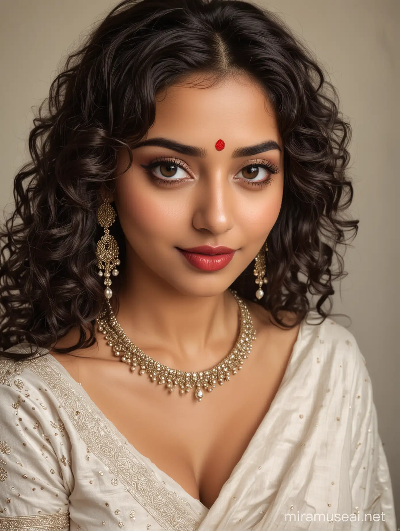 full body photo of most beautiful european woman as beautiful indian woman, big wide  black eyes with eye makeup,  thick long curly hair , face completely bent down, wide big eyes, brows raised, eyes looking up, looking back over shoulders, innocent alluring sexy looks, shy wide smile, intimate looks, bridal makeup, full body jewelry, perfect symmetric face and eyes, full breasts, glossy dark red lipsticks, intimate alluring smile, come get me looks , vulnerable i am yours feeling in looks, elegant traditional  modest saree  , elegant look, biting lip with ecstasy, 
 blushed cheeks, intricate details, photo realistic, 4k.