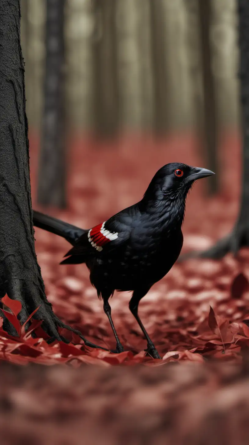 black Bird with red Stripes Walking in the Middle of the Forest. You can see leaves, twigs and tree roots