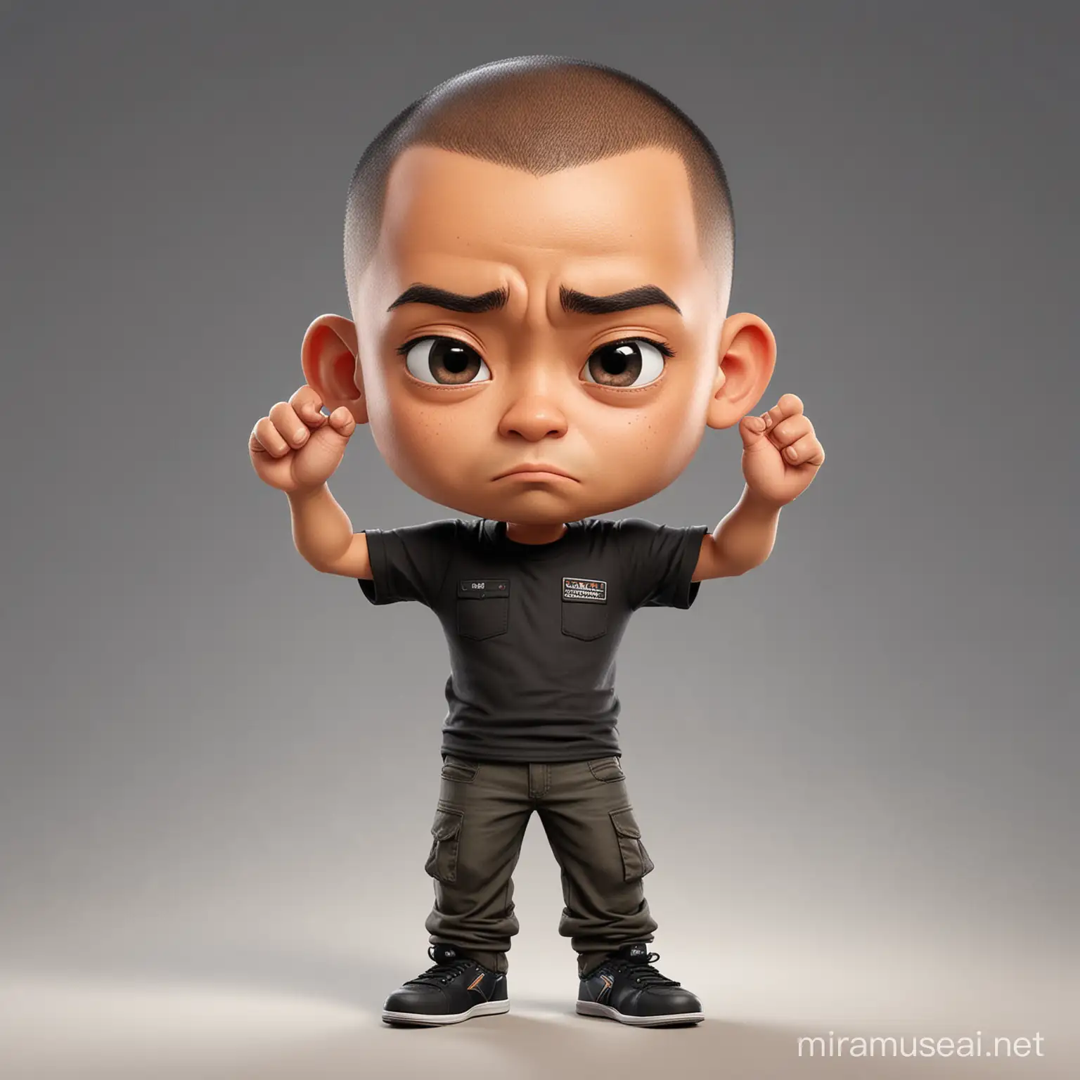 Chibi caricature medium potrait, A 40 year old Indonesian man, short thin hair, buzz cut, big head, wearing a black t-shirt, cargo pants, is placing his right hand on his forehead as if looking for or looking at something, realistic